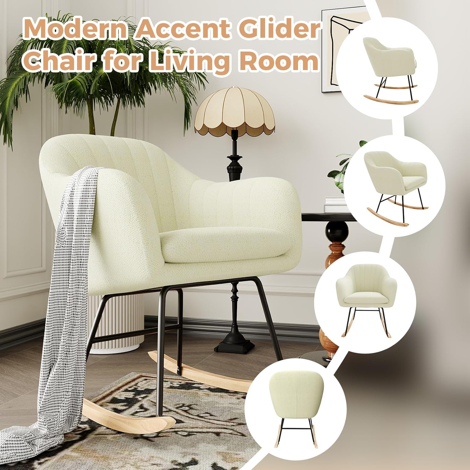 GarveeHome Nursery Rocking Chair, Upholstered Chenille Glider Rocker Chair, Modern Armchair With Wood Legs, Indoor Comfy Accent Chair Nursing Chairs Holds Up to 350 LBS for Living Room, Bedroom, Beige