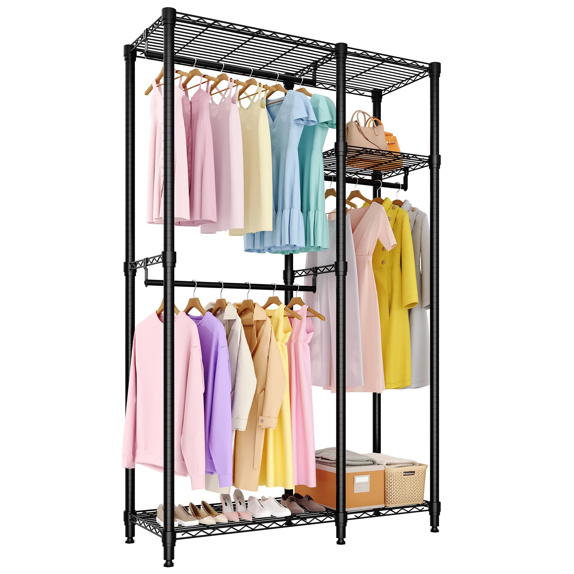 Portable Clothes Rack Heavy Duty Garment Rack Large Freestanding Closet Wardrobe with Adjustable Shelves 3 Hanging Rods Closet