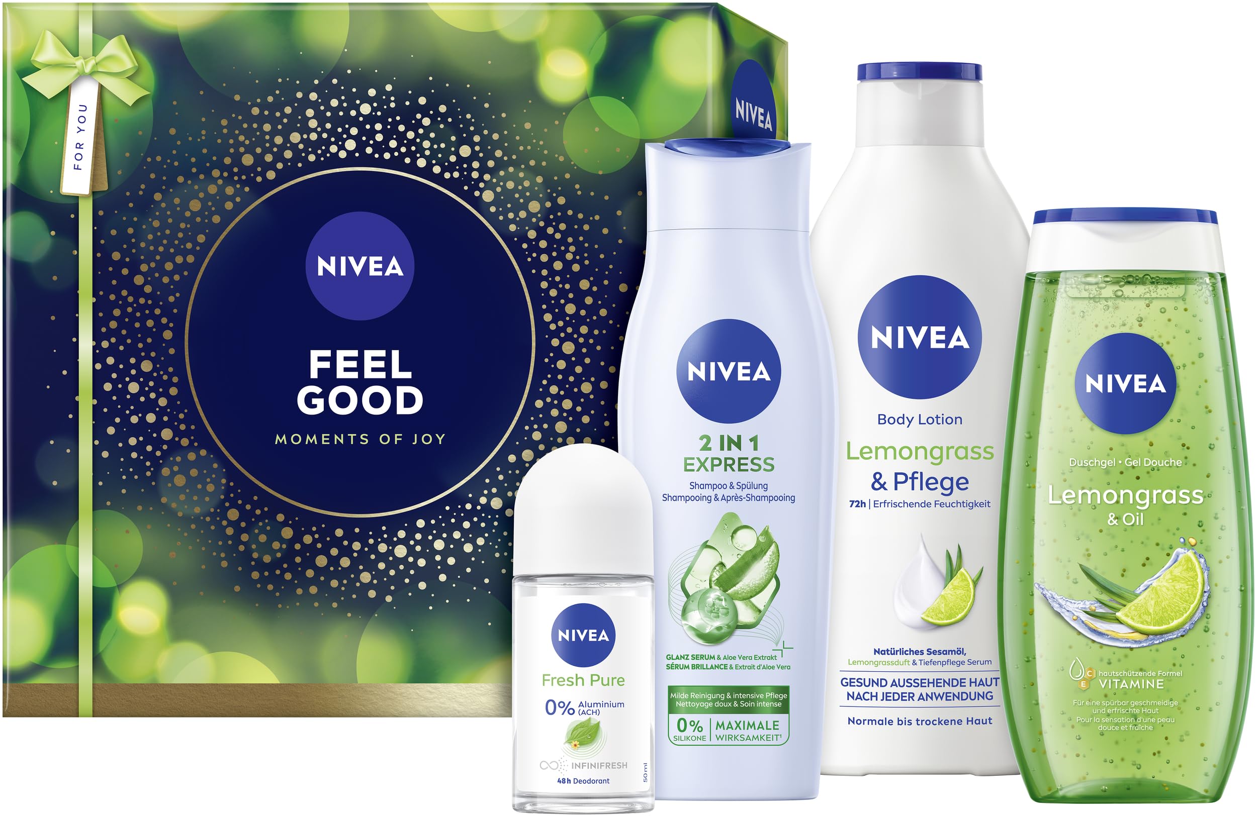 NIVEA Feel Good Geschenkset, Geschenk für Frauen, Geschenkbox mit Duschgel (250 ml), Shampoo (250 ml), Body Lotion (400 ml) und Deo (50 ml) Kosmetik