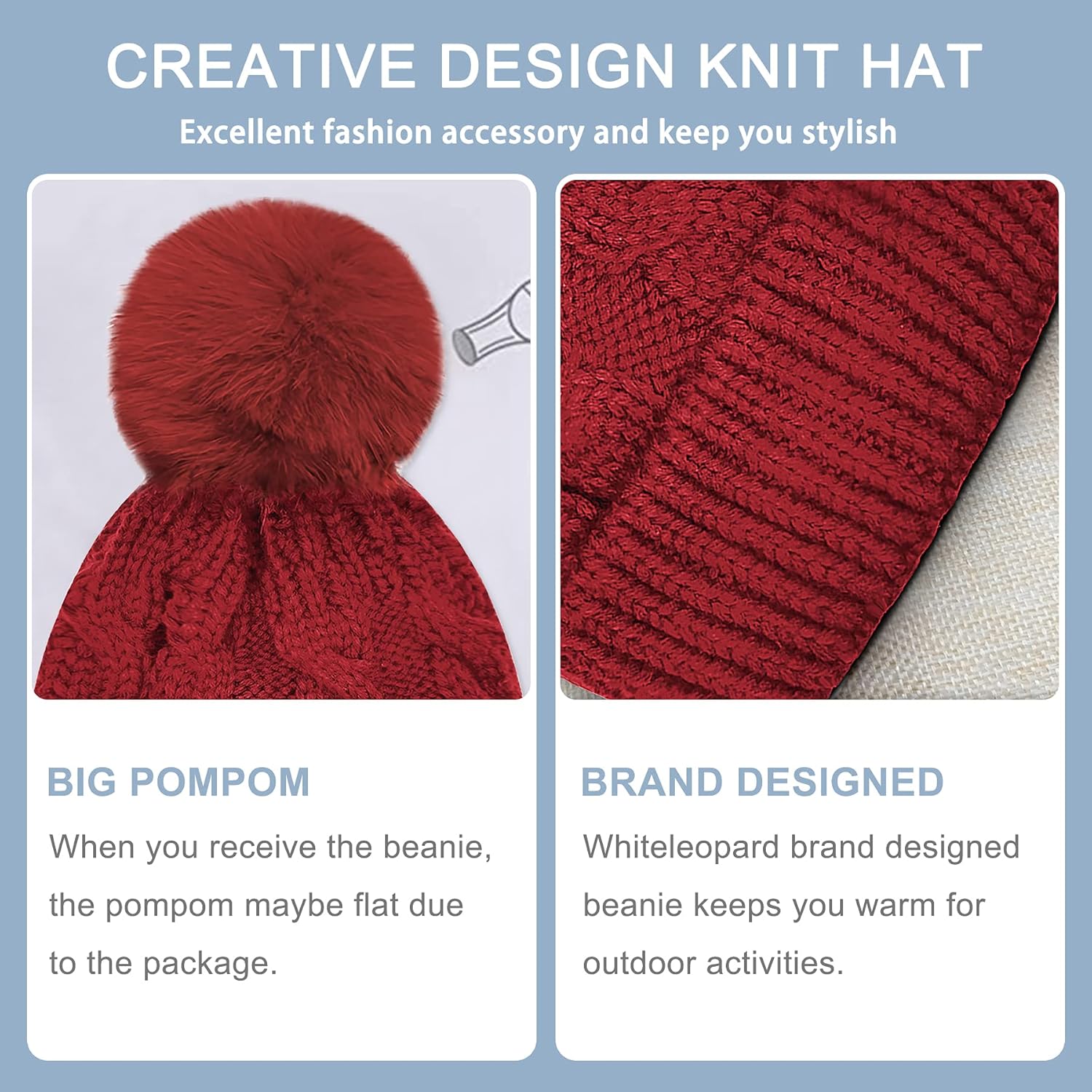 Whiteleopard Kid Beanie Hats Lining Pom Pom for Children -Slouchy Cable Knit Toddler Skull Hat Baby Ski Cap for Girls Boys (Red New): Clothing, Shoes & Jewelry