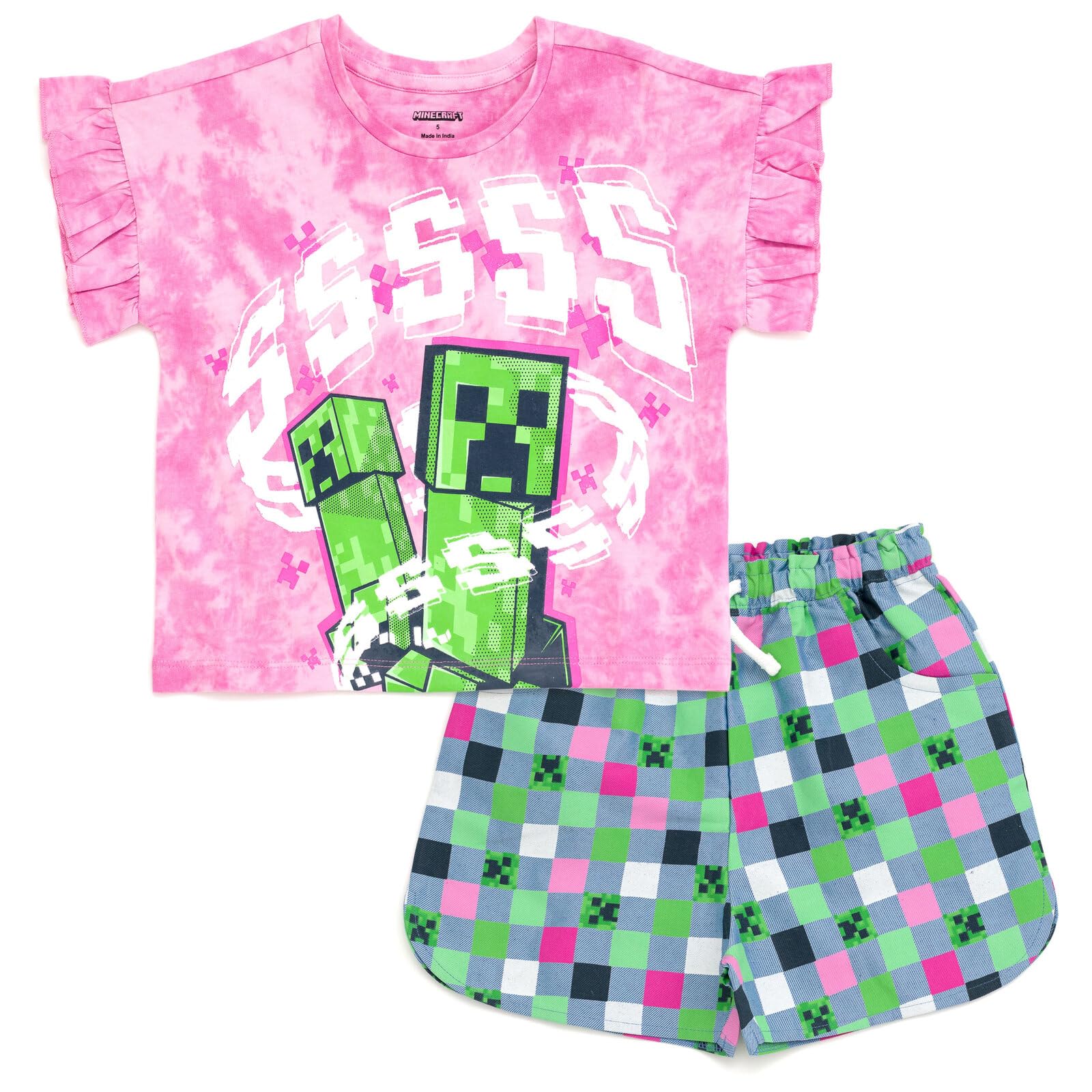 Minecraft Mädchen-Outfit-Set mit T-Shirt und Chambray-Shorts, für kleine Kinder bis große Kinder, Größen 32-42-44