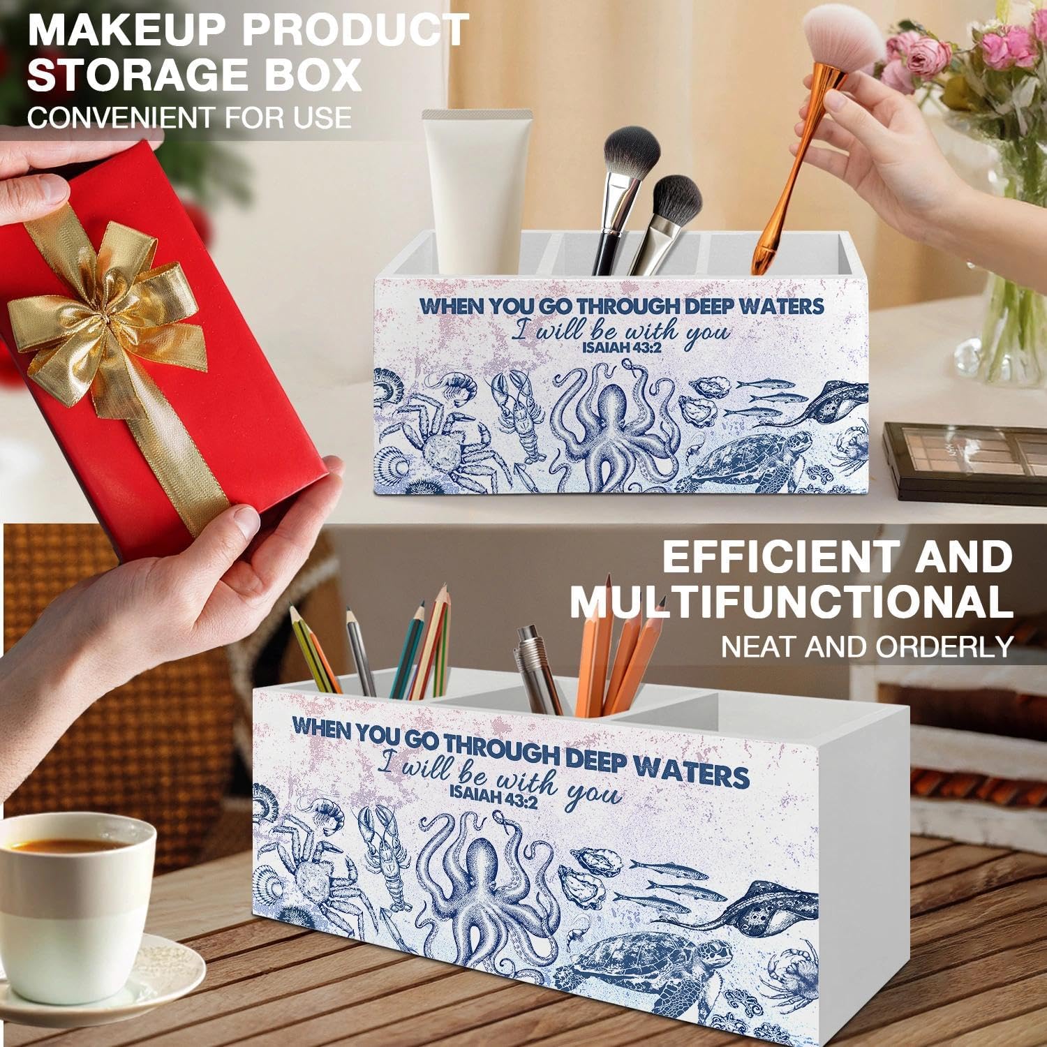 Blue Coastal Beach Christian Pen Pencil Holder Organizer for Desk Accessories, Bible Verse Ocean Marine Life Religious Wooden Box Signs Decorations for Home Bedroom Office Desk Tabletop image 5