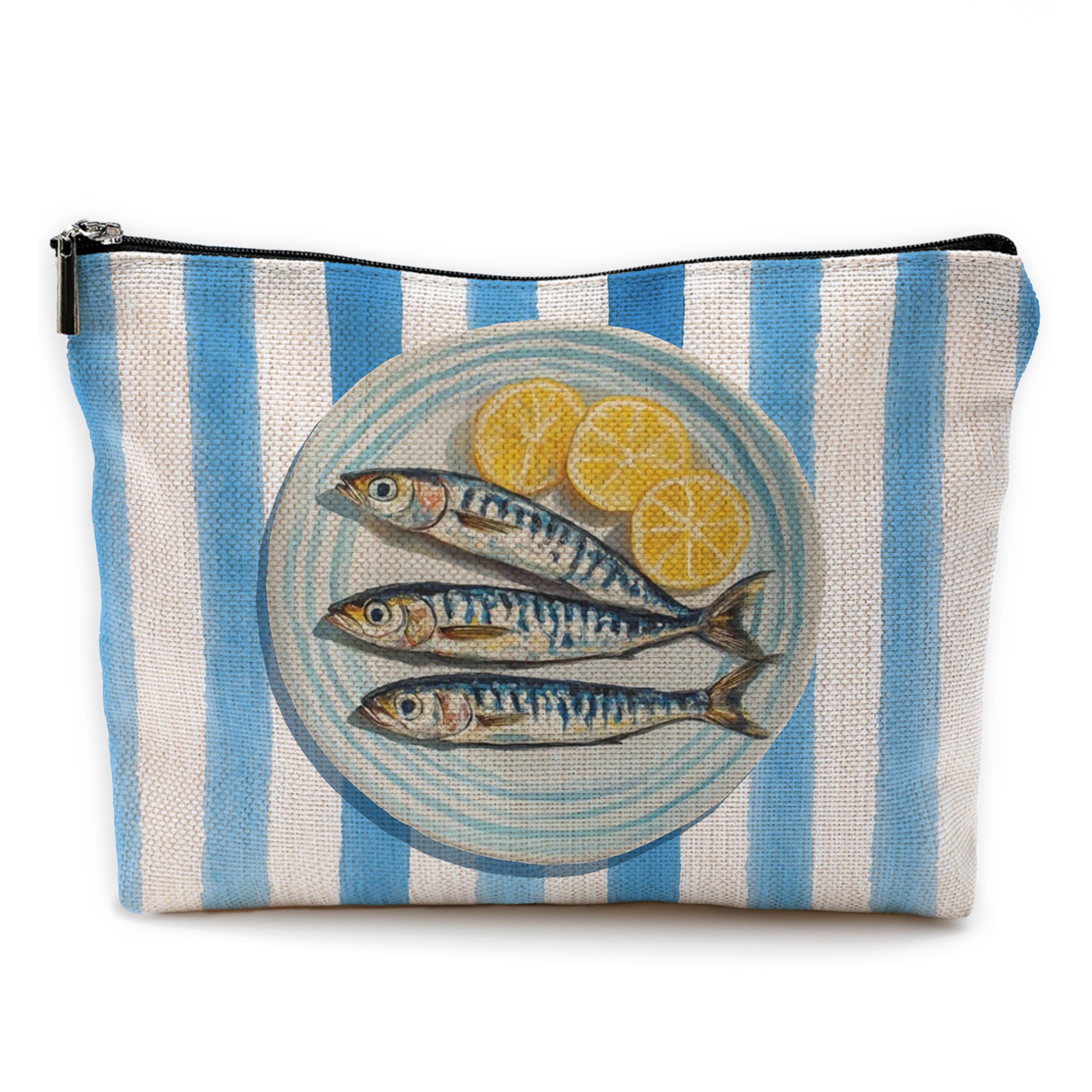 Lemon Sardine Fish Beach Makeup Bag, Fish Lover Gifts, Coastal Beachy Cosmetic Bags Toiletry Bag, Blue Striped Sardine Seafood Nautical Striped Makeup Pouch