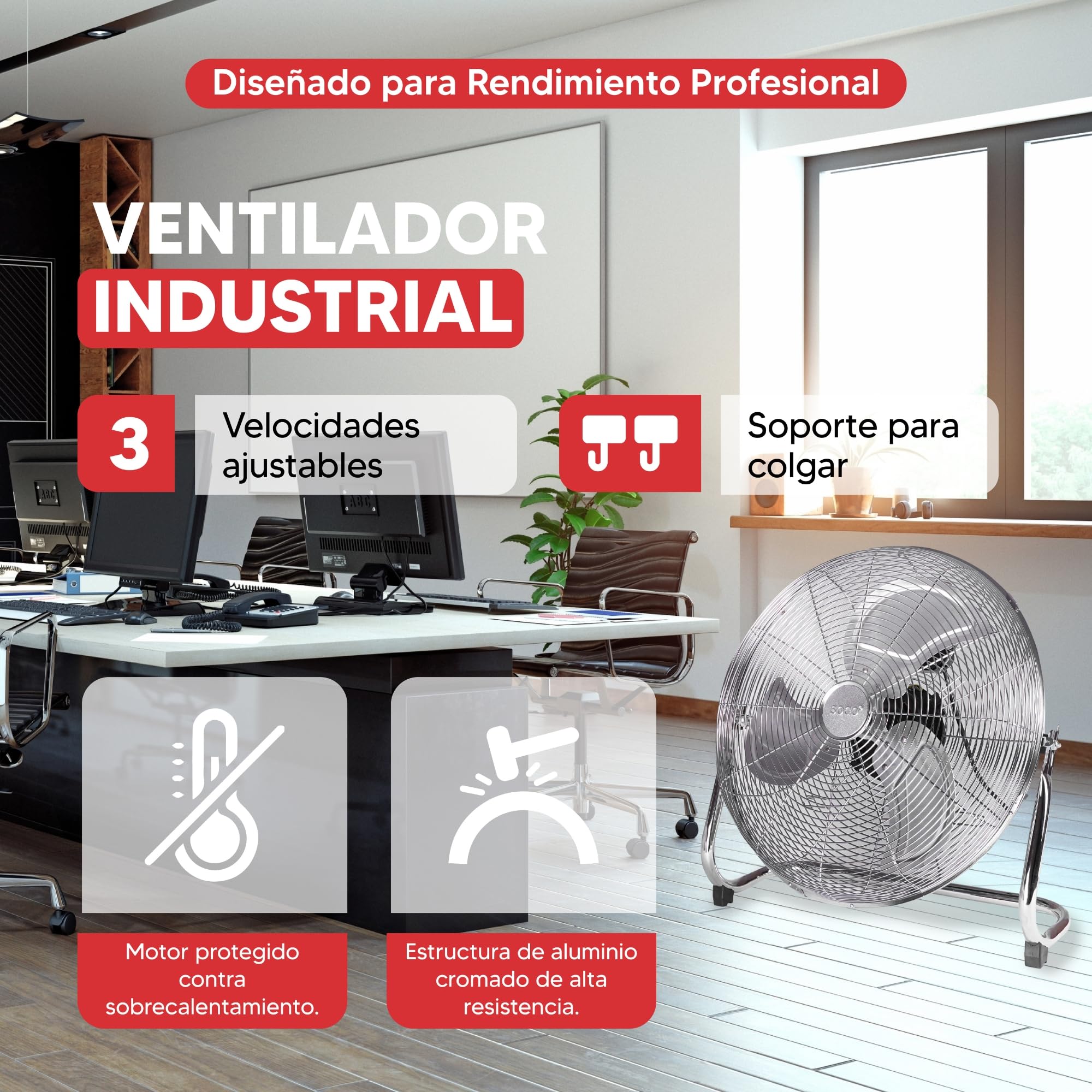 SOGO Ventilador Potente Industrial de Suelo Inclinable - Ventilador para Suelo y Sobresuelo con 3 Velocidades y Aspas Metálicas - Incluye Base con Tacos de Goma para Proteger Superfícies