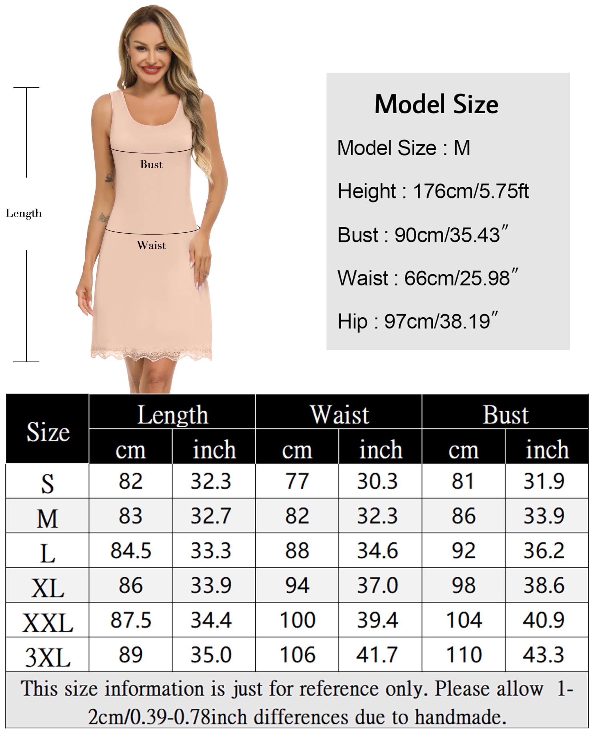 Lovasy Unterkleid Damen Kurz Sommer Nachthemd Full Slip Spitze Tank Top mit Breite Schultergurte Modal Unterkleider für Damen