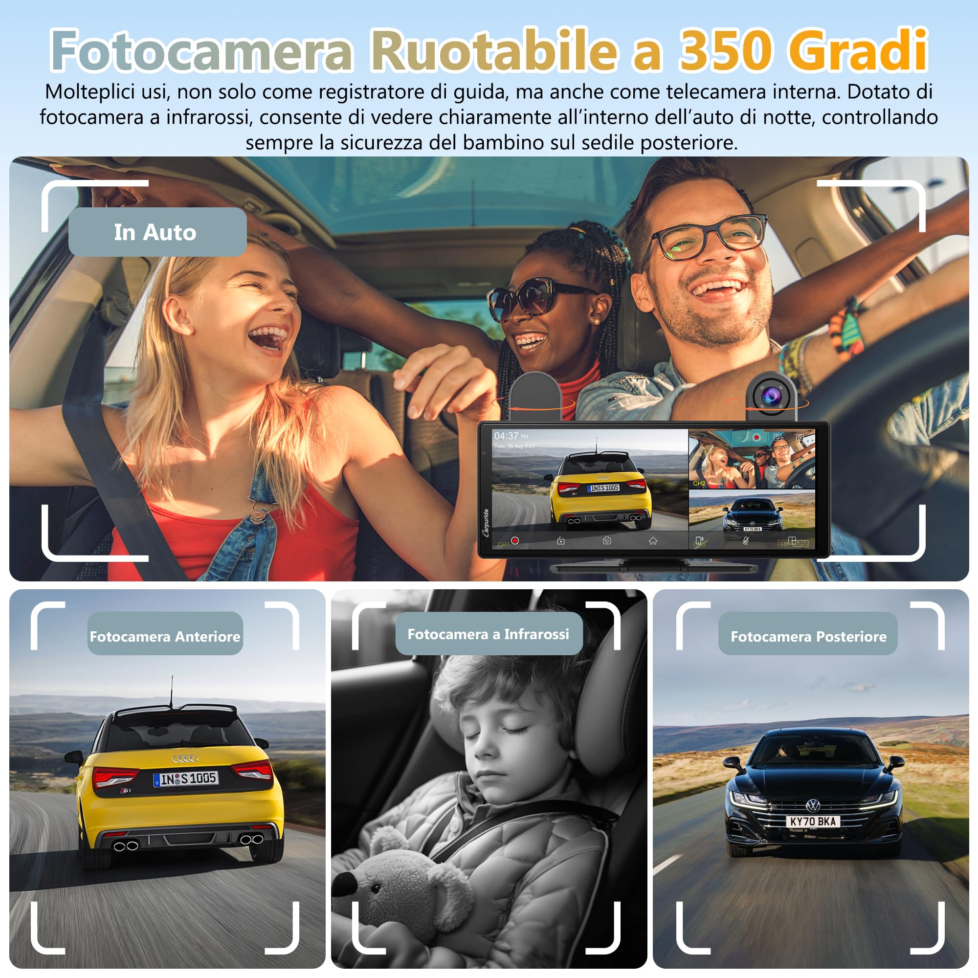 CARPURIDE W903S Schermo con CarPlay & Android Auto e Dash Cam 3 Canali | IPS HD 9,3", Telecam Frontale 4K, Posteriore 1080P, Infrarossi 1080P, Registrazione Loop, GPS, Bluetooth, Siri, Mirror Link