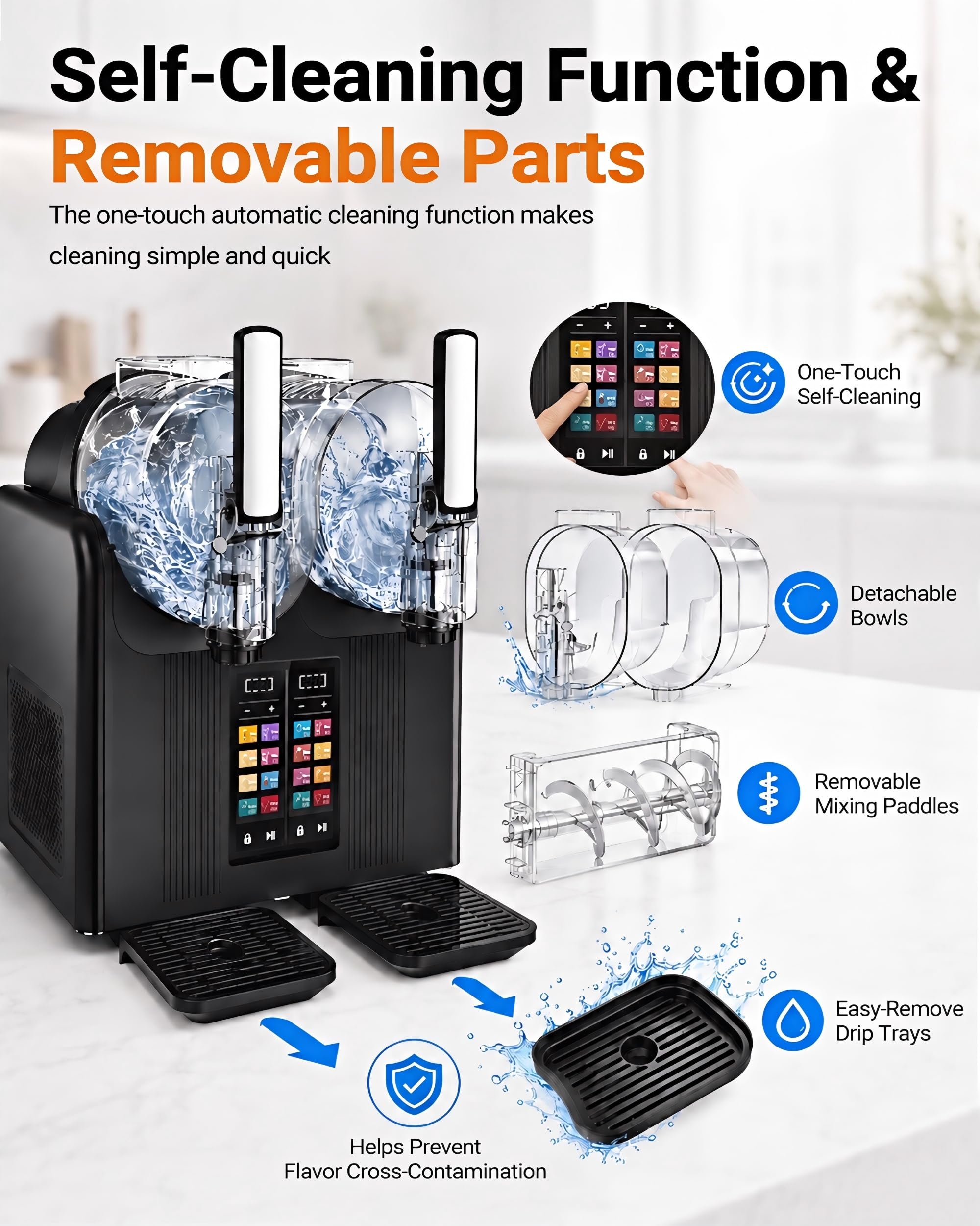 Macchina a Doppia Vasca per Granita e Gelato Soft – 2x2L, Comandi Touch, 7 Modalità Preselezionate, Lavaggio con un Tasto, Refrigerazione Rapida, Serbatoio in PC, Miscelazione Potente 360°