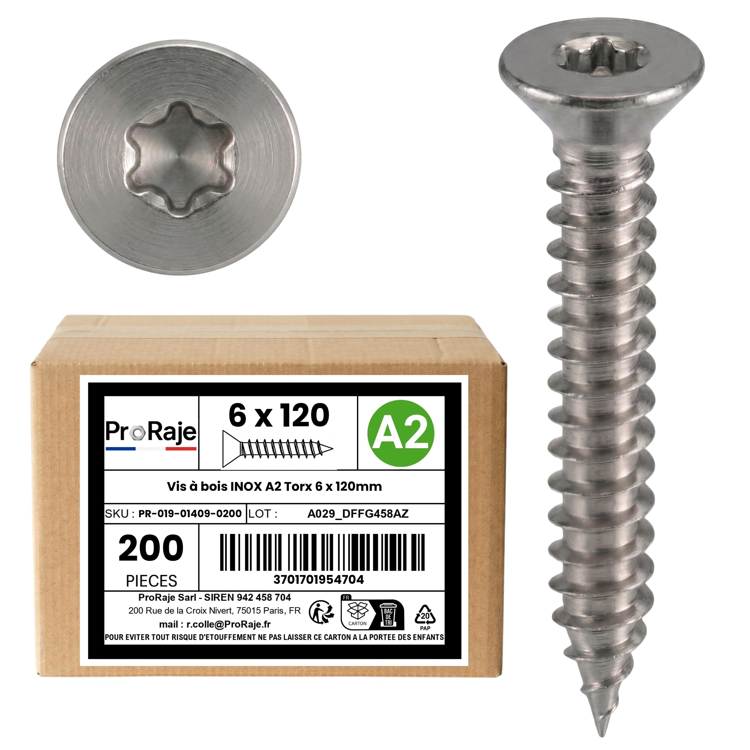 Wood Screws Stainless Steel A2: 6 x 120 mm | Countersunk Head Torx (TX) | Stainless Steel A2 (V2A / AISI 304) | Construction / Chipboard / Patio / etc: Pack of 200 ProRaje