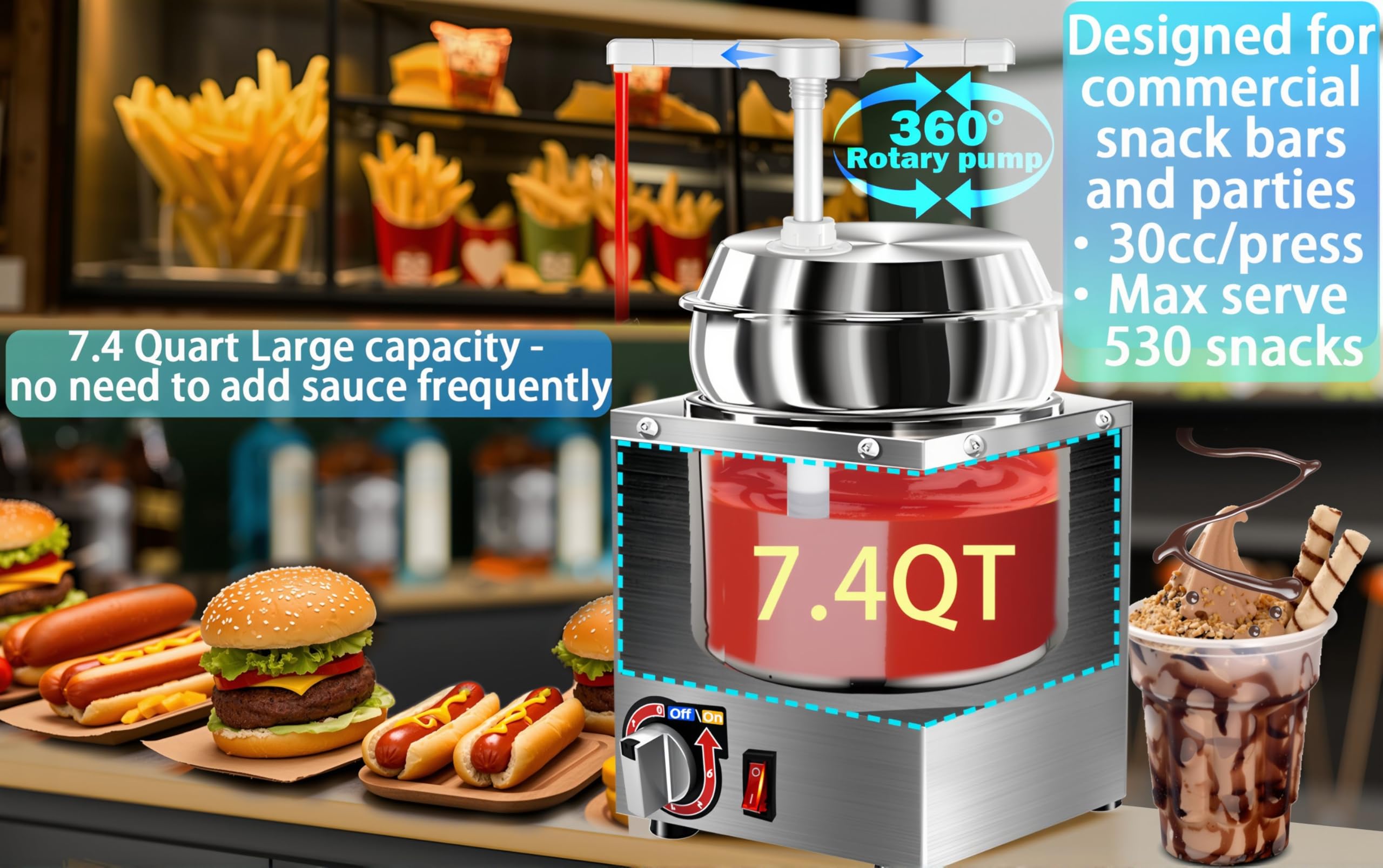 Dispensador de queso Nacho, calentador de queso nacho de 7.4 cuartos con bomba, calentador de caramelo caliente de acero inoxidable con ajuste de temperatura de 6 niveles, dispensador de salsa