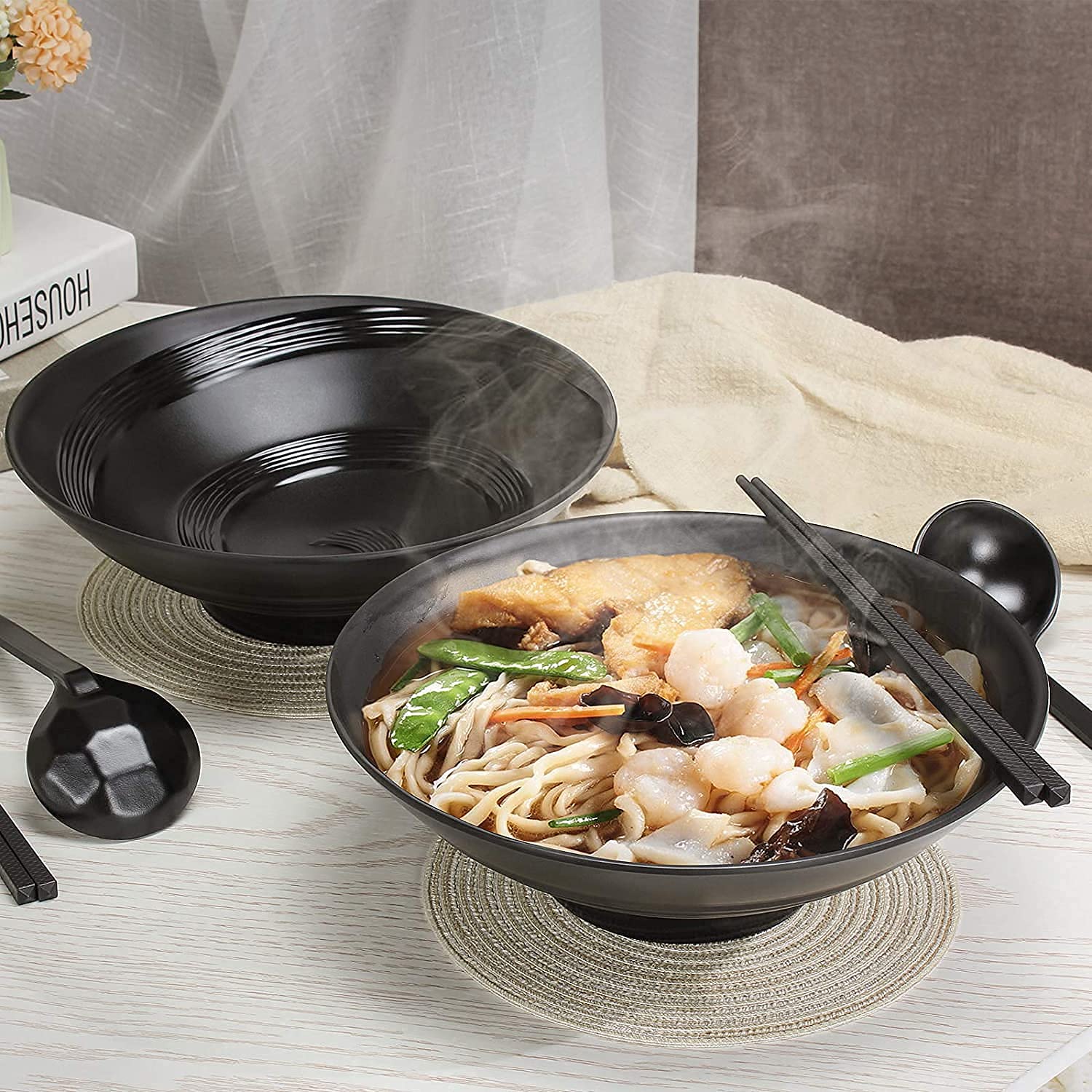2 Cuencos Japoneses para Ramen, Cuenco De Sopa De Plástico Ecológico De Melamina, Adecuado para Fideos Udon, Fideos Soba, Ramen, Fideos Asiáticos, con Cuchara