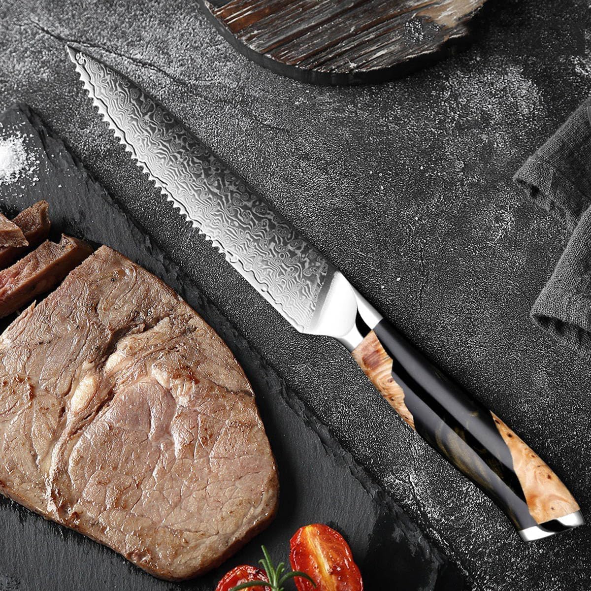 Damascus Steak Knives Set of 12 Steak Knife Set with Resin Wood Handle,Sharp Serrated Stainless Steel Steak Knives, Full Tang Professional Knives for Steak,Ideal for Home Restaurant Party