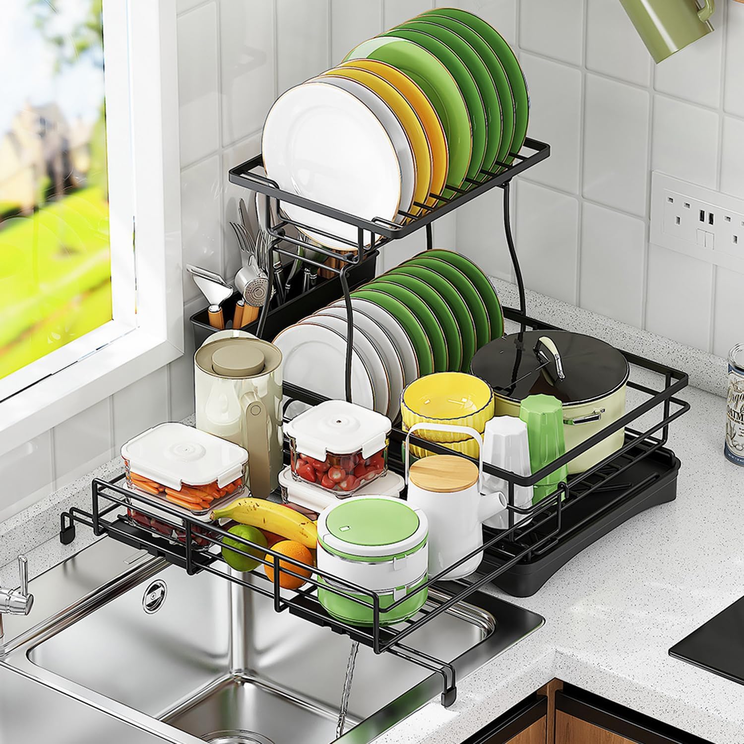 Extendable 2 Tier Stainless Steel Dish Drying Rack | Large Over-The-Sink Rust-Resistant Rack | High Capacity with Utensil Holder | Efficient Kitchen Counter Organization & Space Saving