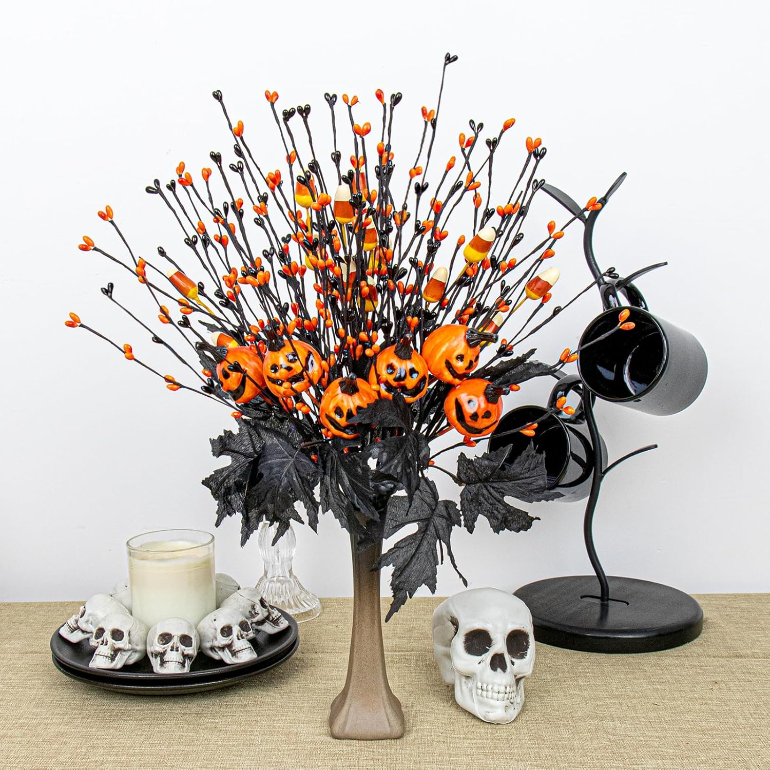 12 PCs Gothic Halloween Flowers Artificial Orange Black Stems Spooky Halloween Floral Picks with Candies Corn Smiling Pumpkins for Vase Floral Arrangements Table Centerpieces Decorations