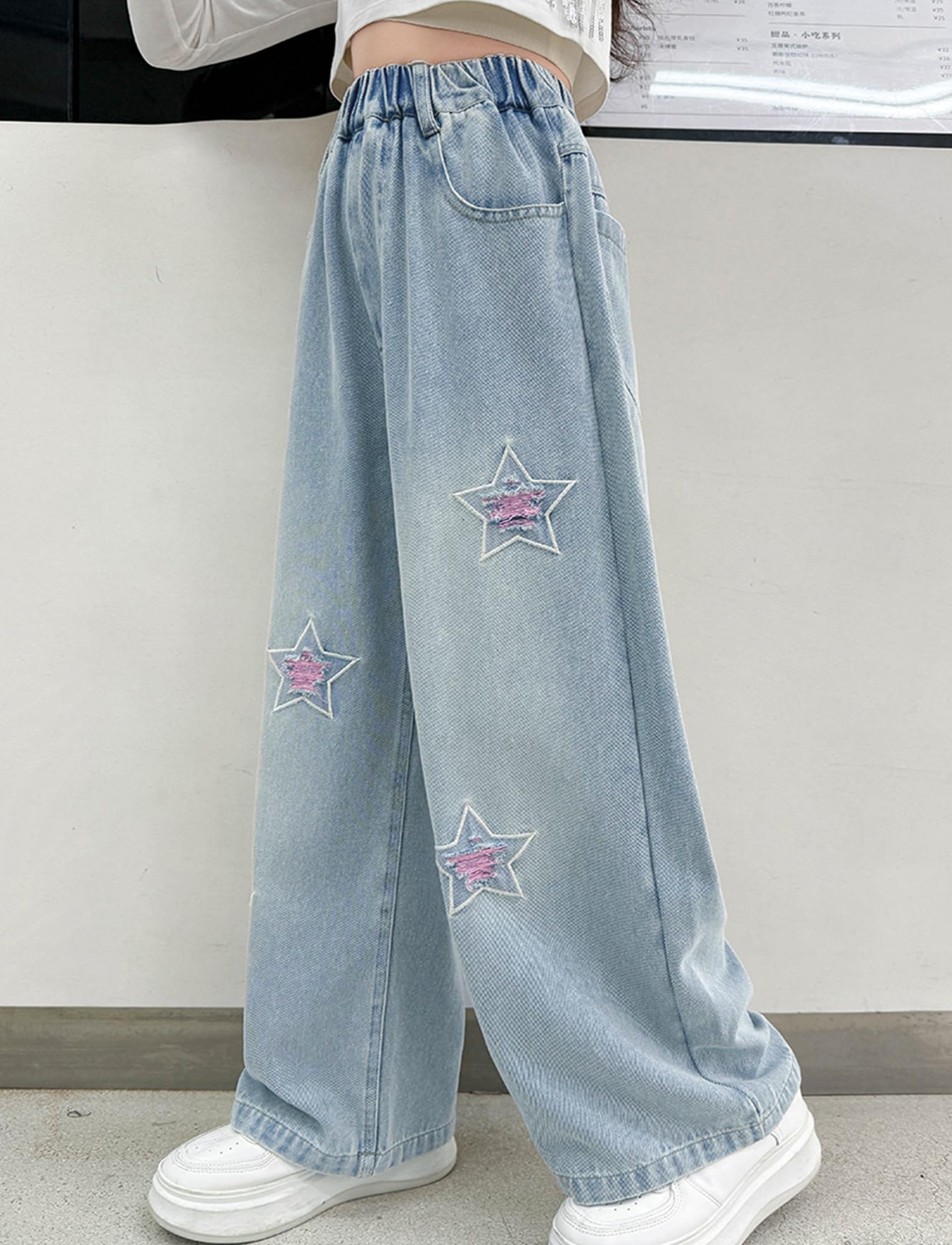 Jeans rasgados para niñas, cintura alta elástica, pierna ancha, pantalones de mezclilla desgastados con bolsillos, holgados, casuales, ropa de calle 5-14 años, star, 5-6 años
