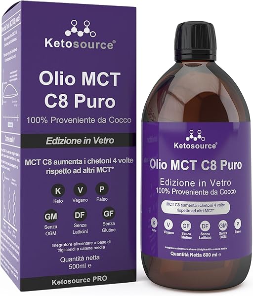 Olio MCT C8 Puro | Produce 4 volte chetoni rispetto ad altri oli MCT | Massima purezza superiore al 99% | 100% cocco | Supporta cheto e digiuno | Bulletproof | Bottiglia di Vetro 500ml | Ketosource® - 1