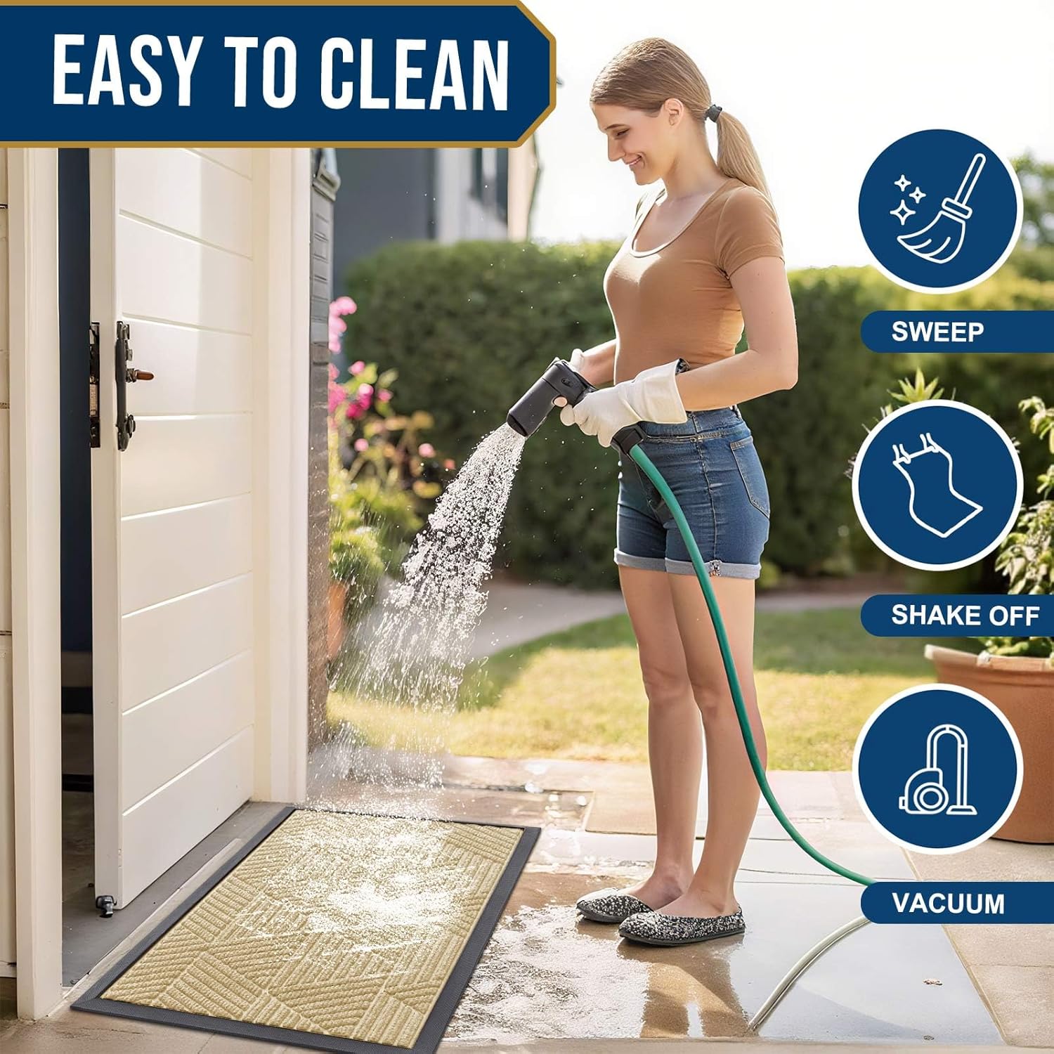 Kitinjoy Front Door Mat Outside Entrance, Sturdy Natural Dirt Trapper, Heavy Duty Rubber Doormat, Low Profile Non-Slip Backing, Easy Clean Floor Mat for Indoor Outdoor Entry, 47X32 Inch, Cream White