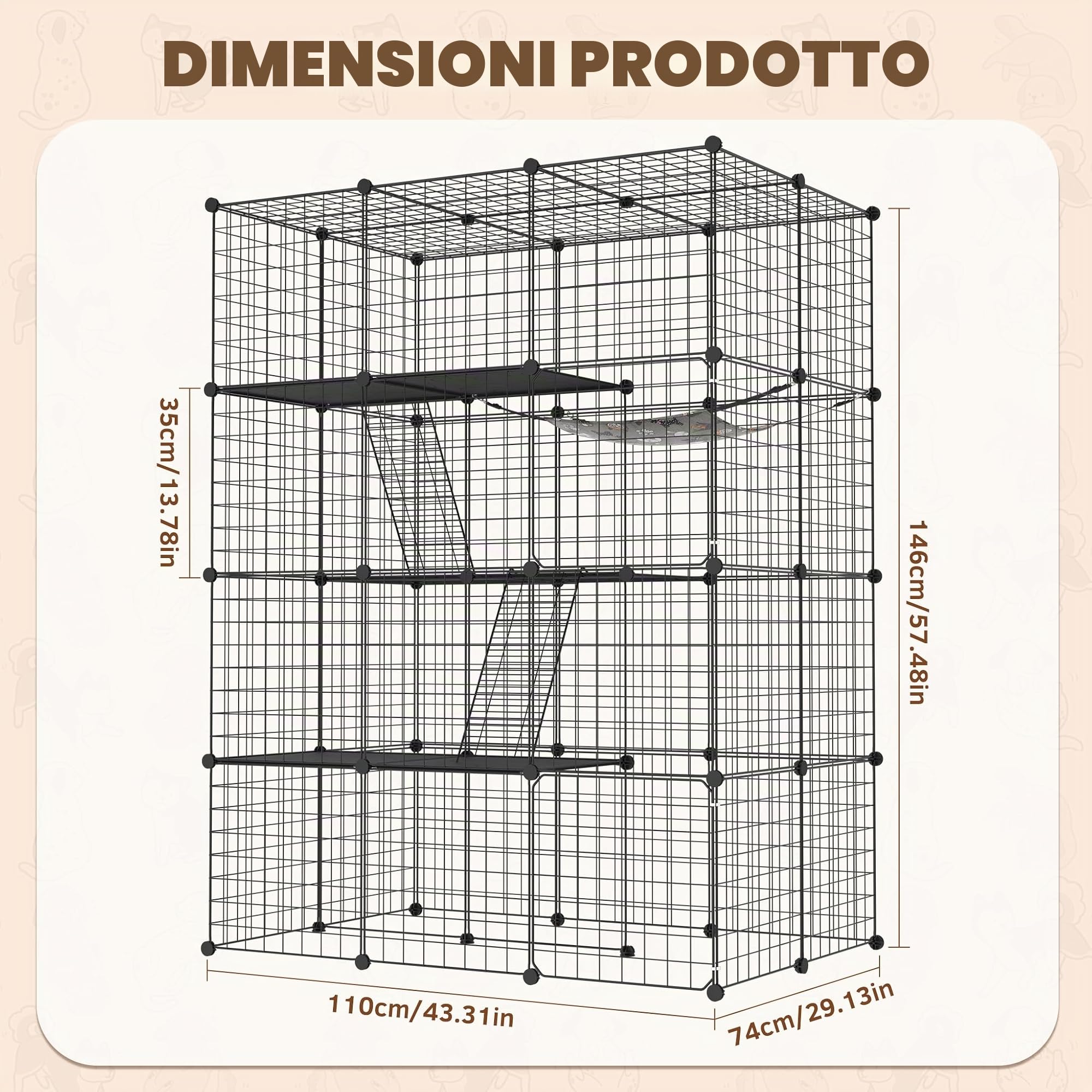 NAIZY Gabbia per gatti a 4 piani, grande con amaca, 146 x 110 x 74 cm, fai da te, gabbia in metallo rimovibile, per interni e balconi
