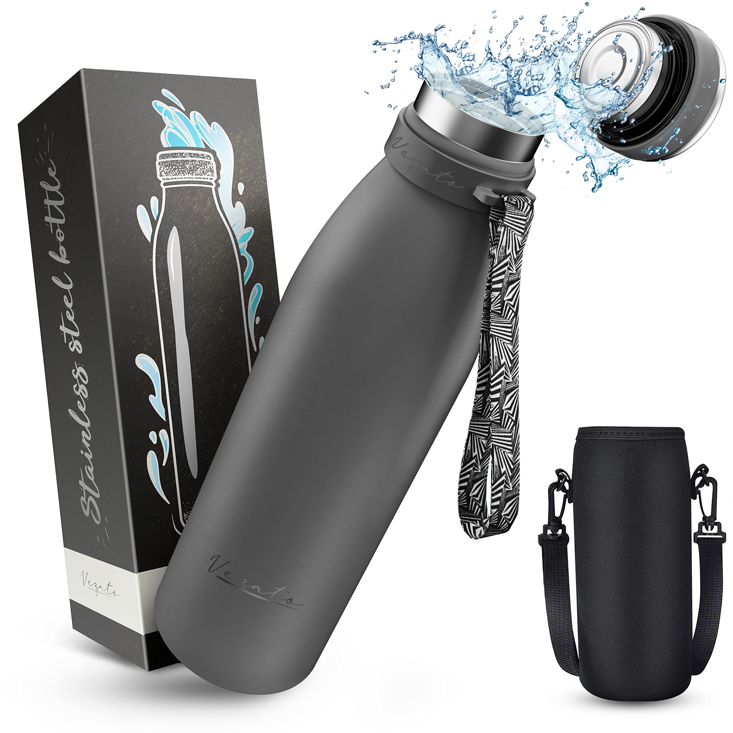 Vezato Drinking Bottle Stainless Steel - BPA-Free Insulated Bottle 1 Liter - Leak-Proof Water Bottle with Double Insulation - Thermos Bottle Dishwasher Safe - Suitable for Carbonic Acid - Sustainable