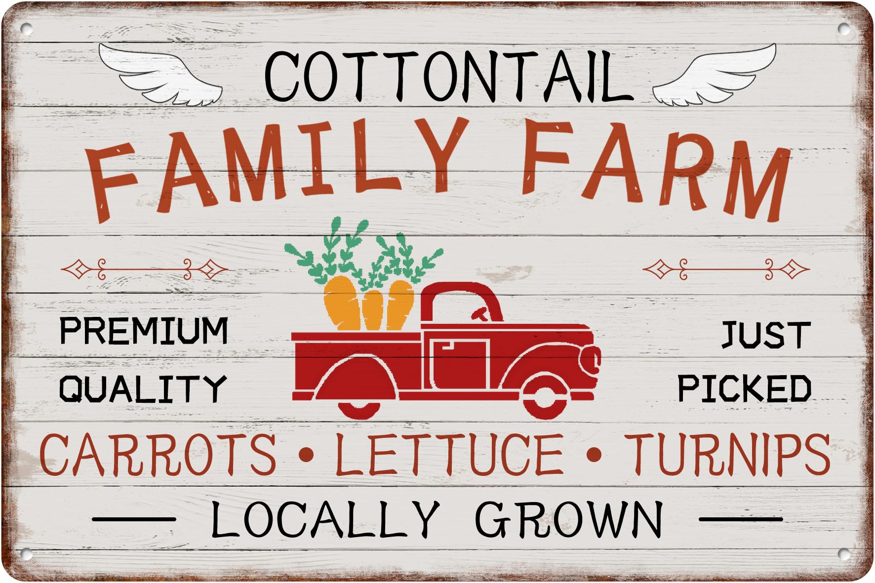 SMAZDFXX Cottontail Family Farm Tin Sign Carrots Lettuce Turnips Locally Grown Red Car Nostalgic Funny Easter Metal Signs Poster Wall Decor For Store Garden Kitchen Club Bar Supermarket 12"x16"