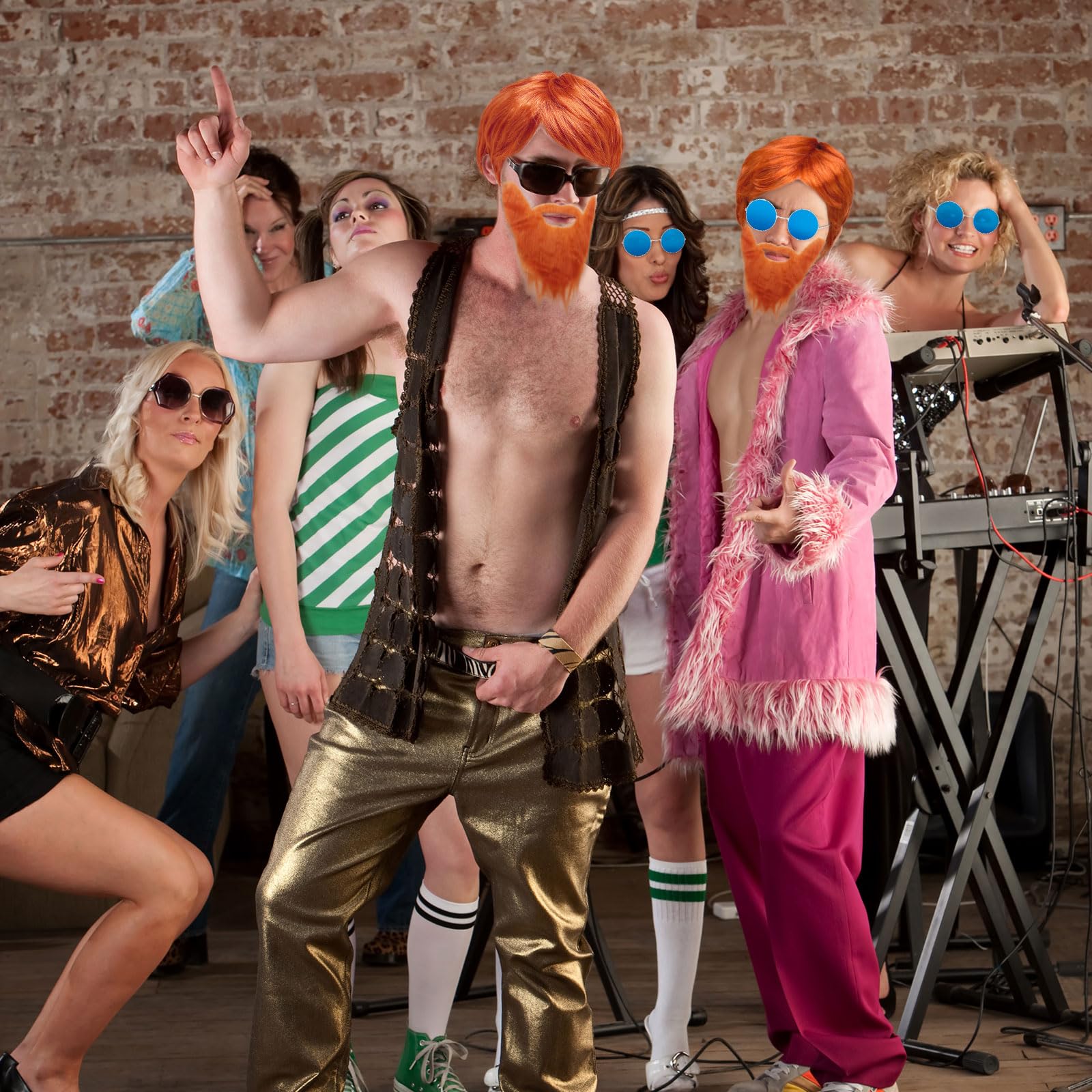 Déguisement Perruque Barbe Orange Punk Rock Années 80 - 2 Pièces Pour Homme, Costume Fête Carnaval