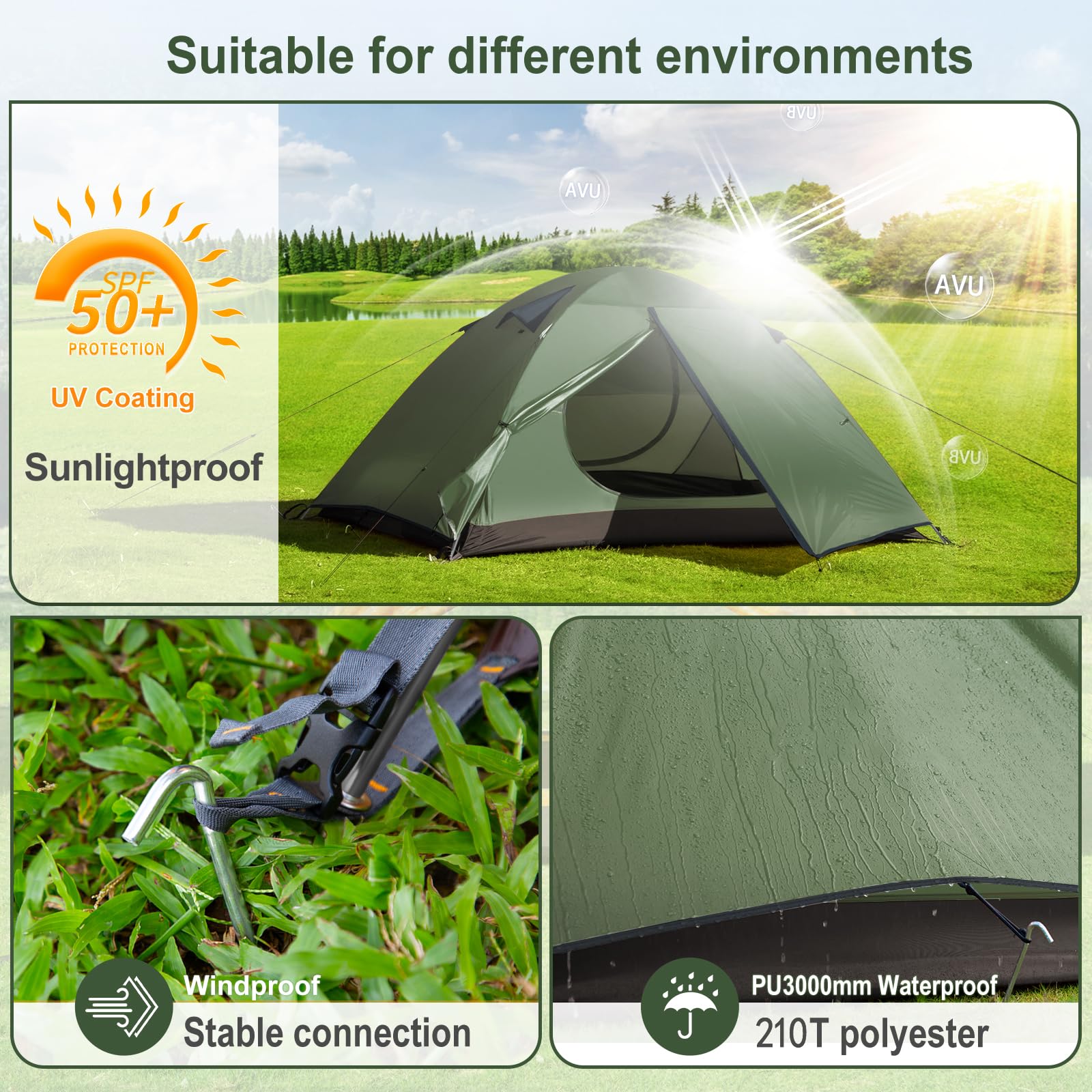 Forceatt Tienda De Campaña 2 Personas, Impermeable Ultraligera Poco Volumen, Tienda Cúpula Portátil Montaje Rápido para Trekking, Camping, Excursionismo y Aire Libre