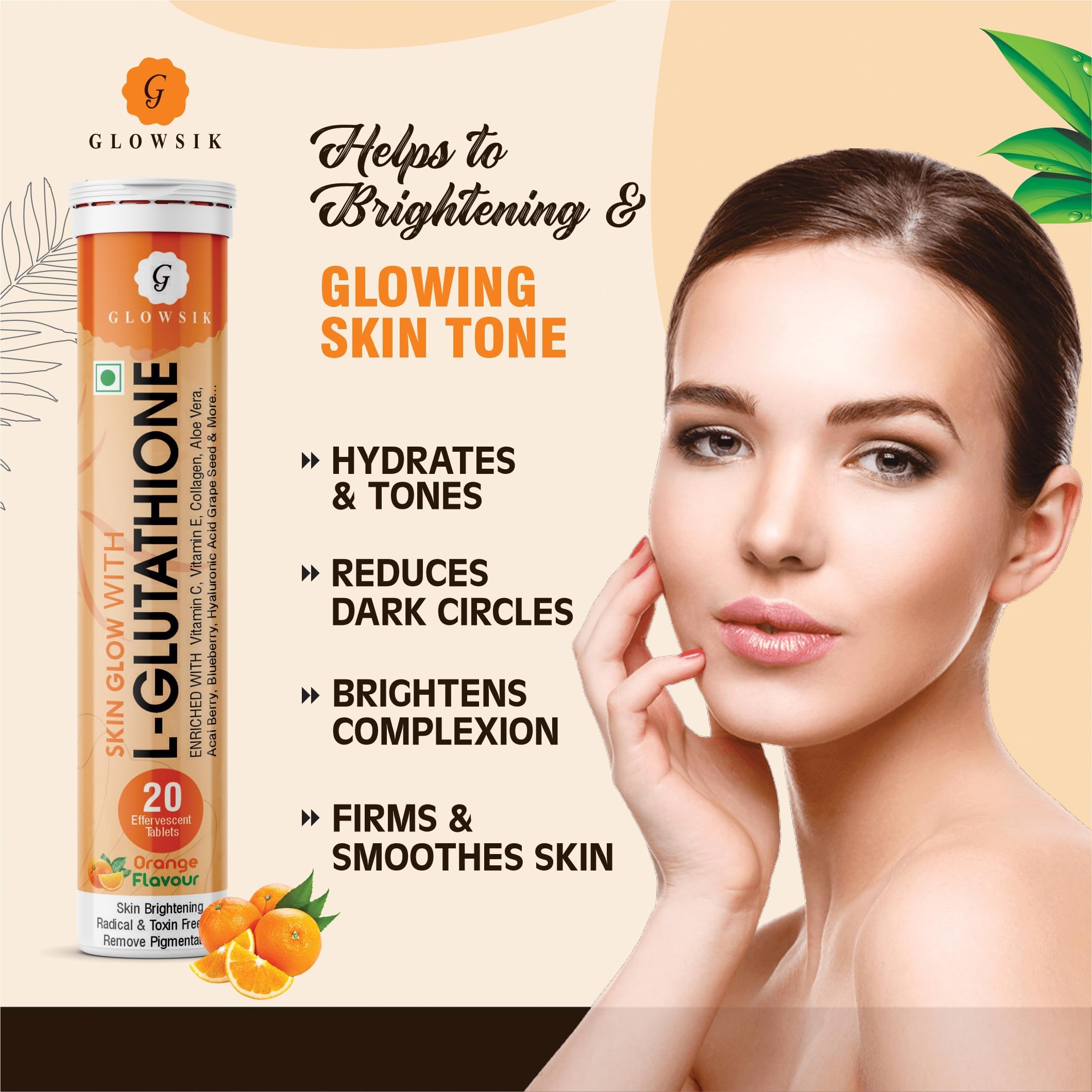 Glowsik Glutathione with Vitamin C, 40 Effervescent Tablets for Skin Health, 600mg Glutathione Reduced, Antioxidants Supplements for Glowing Skin Health, Orange Flavour - Image 5 thumbnail