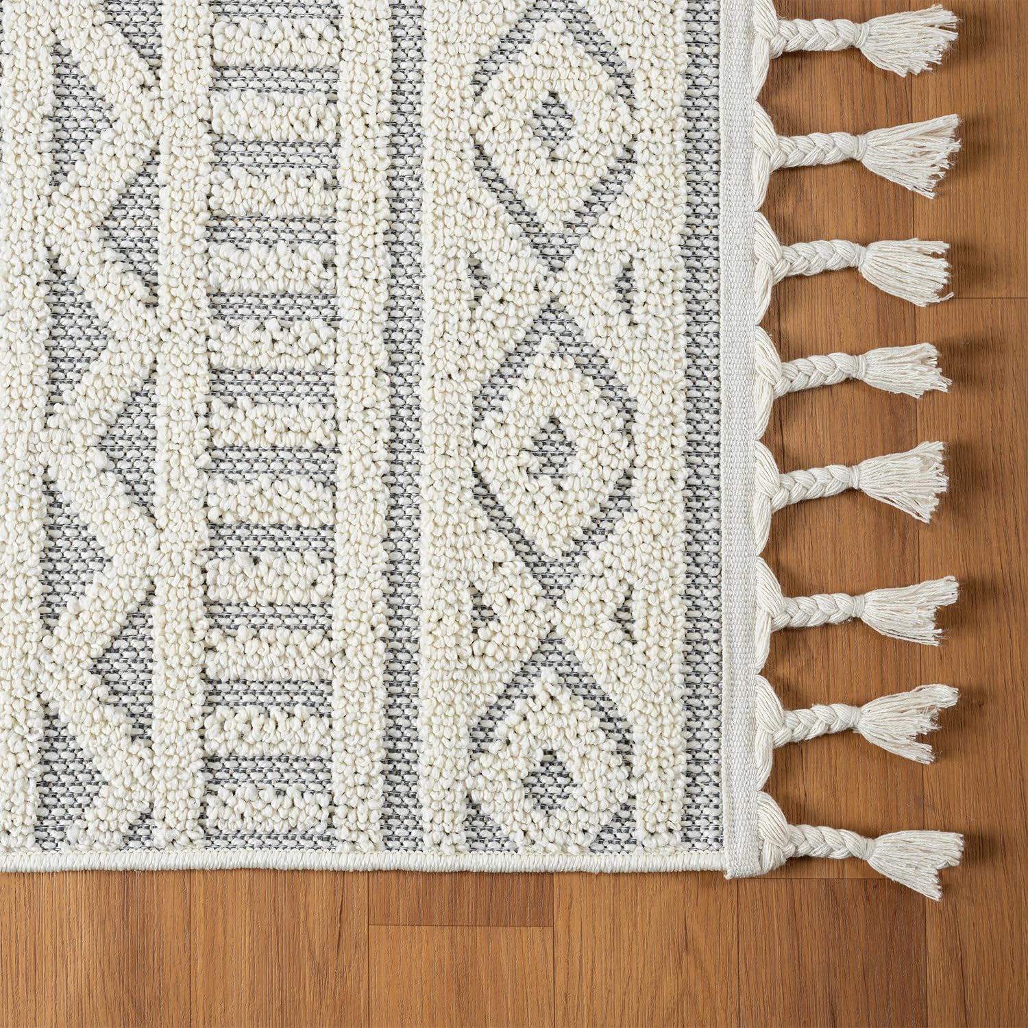 VIMODA Tapis bohème, pour salon, chambre à coucher, franges scandinave, tapis 3D, lavable, couleur : crème, dimensions : 200 x 290 cm