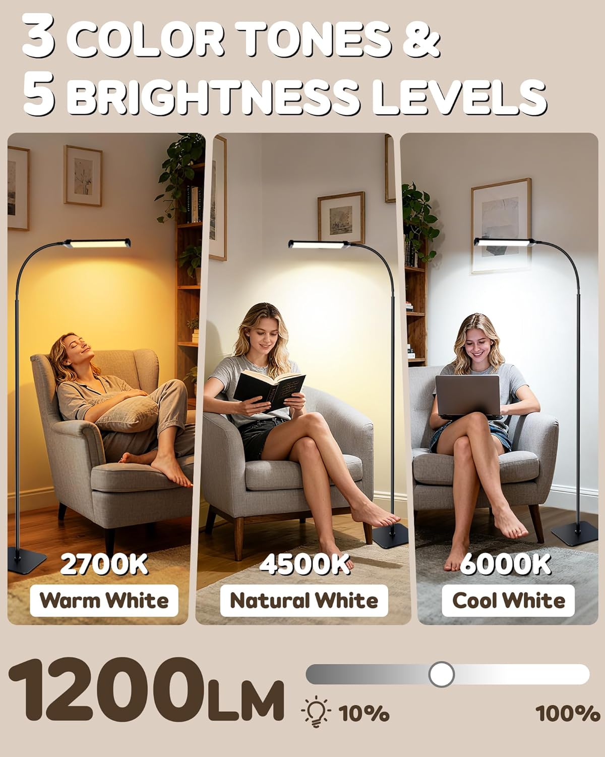 Light Therapy Lamp, 10000Lux UV-Free Sunlight Therapy Happy Lamp, Full Spectrum Light Therapy Floor Lamp with Adjustable Height & Brightness, 3 Color Temps, Therapy Lamp with Remote Control - Image 3