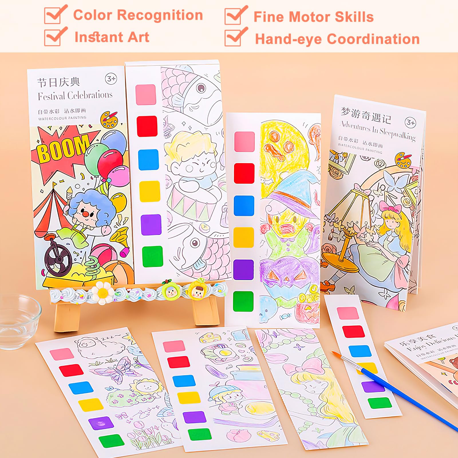 2 Libri Da Colorare Ad Acqua Mini – Set Portatile Con Blocchi Acquerello, 20 Pagine Ciascuno, 4 Pennelli, Per Bambini E Adulti