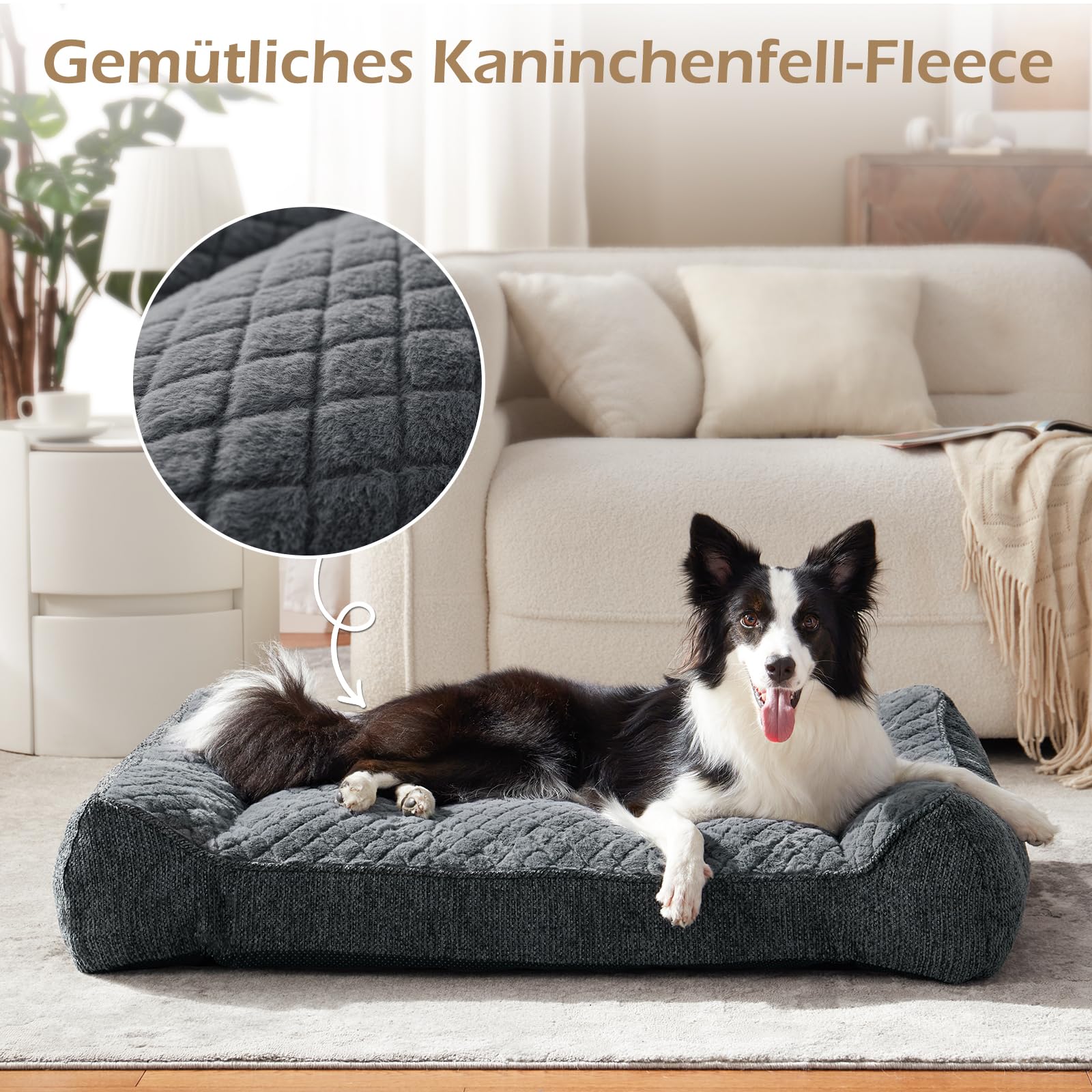 JOEJOY Cuccia ortopedica per cani di taglia grande, lavabile con custodia impermeabile, antiscivolo, per cani, in morbida pelliccia di coniglio, 107 x 76 x 24 cm