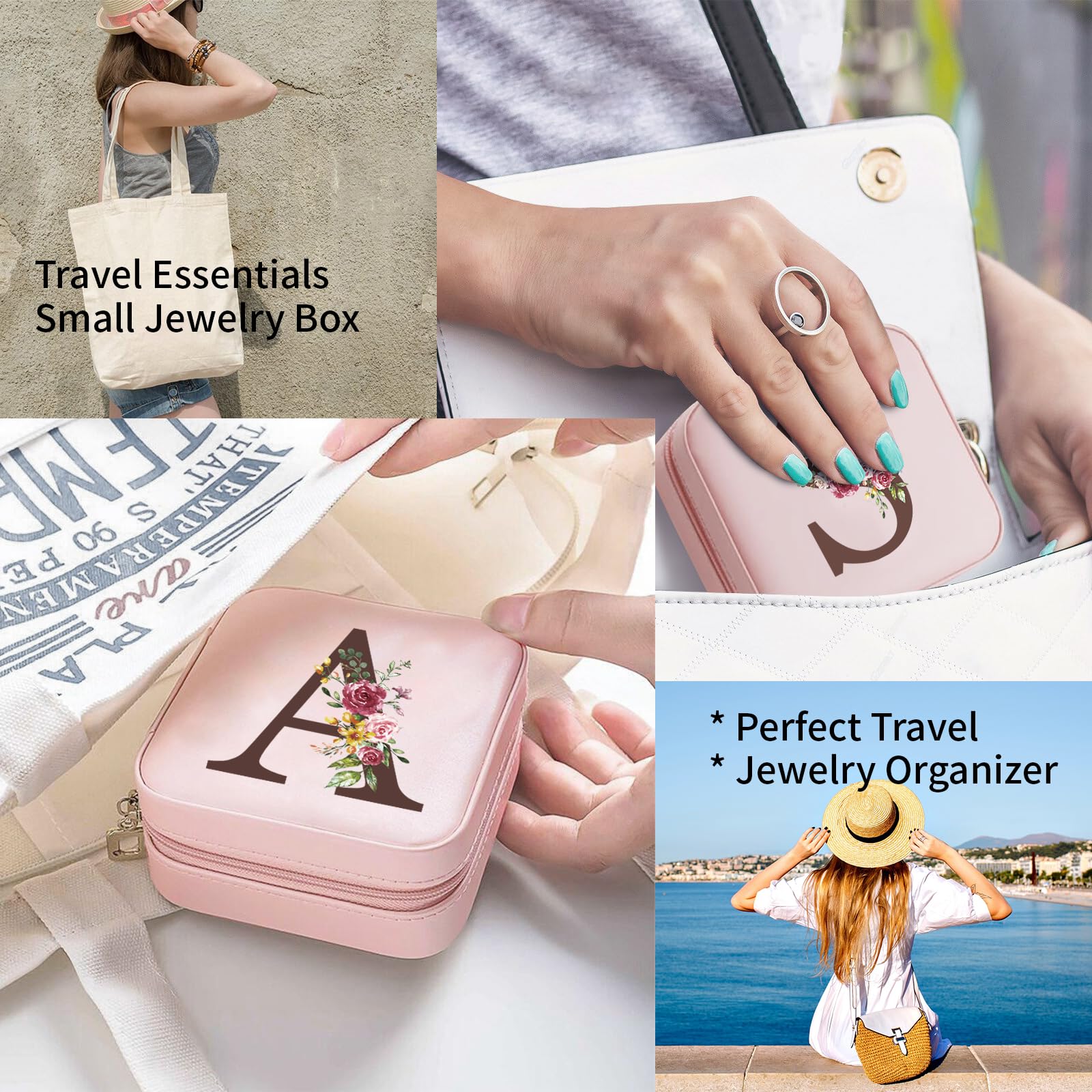 Sinekong Scatola Portagioie da Viaggio Portagioie con Iniziale M e Fiore Mini Porta Gioielli Donna Portagioielli Piccoli con Specchio Ragazza Regalo per Compleanno Anniversario Natale