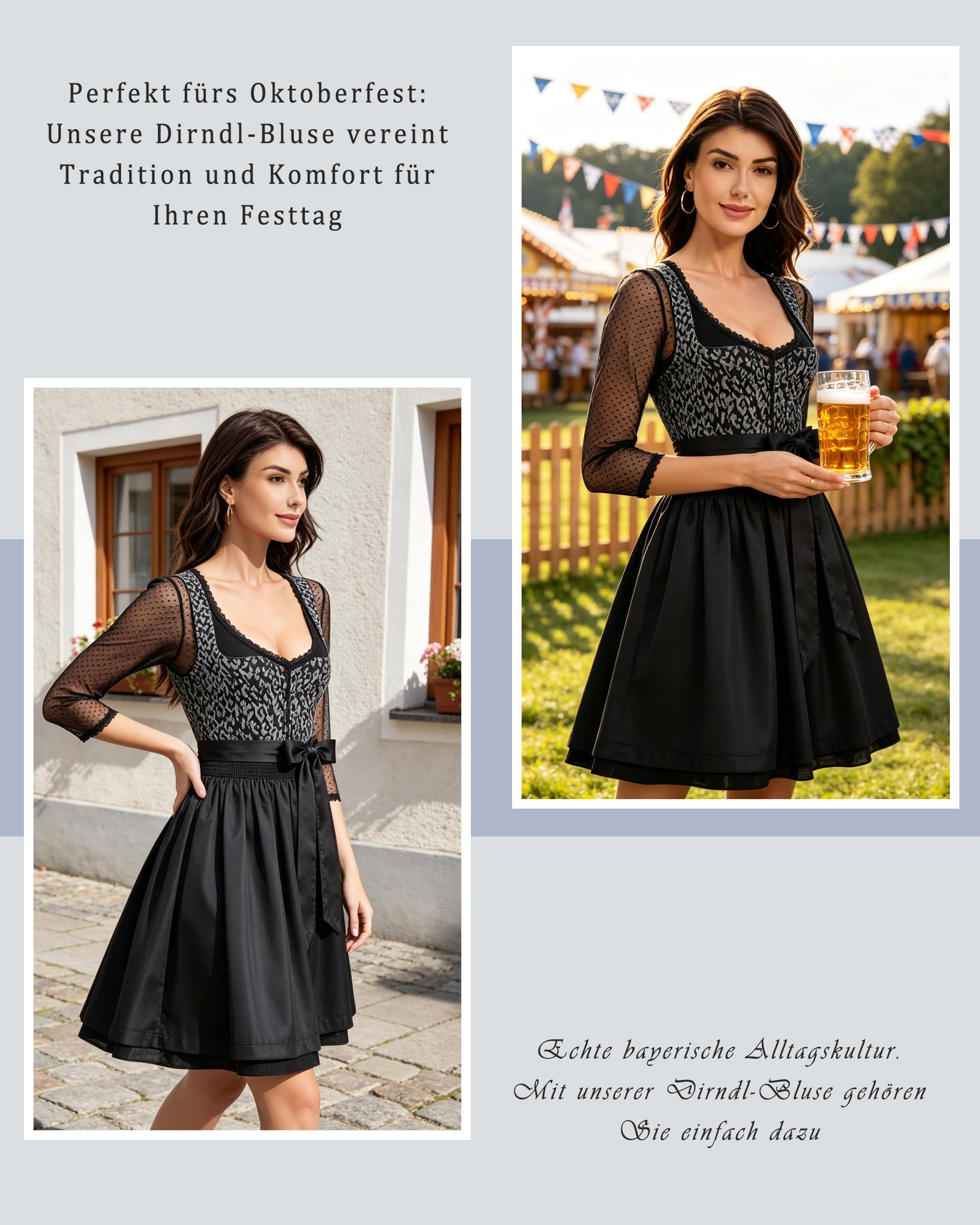 Camicietta Dirndl Donna Manica Lunga per Costume Tradizionale Oktoberfest Elegante Trasparente con Scollo a V Nero Taglia 34-44