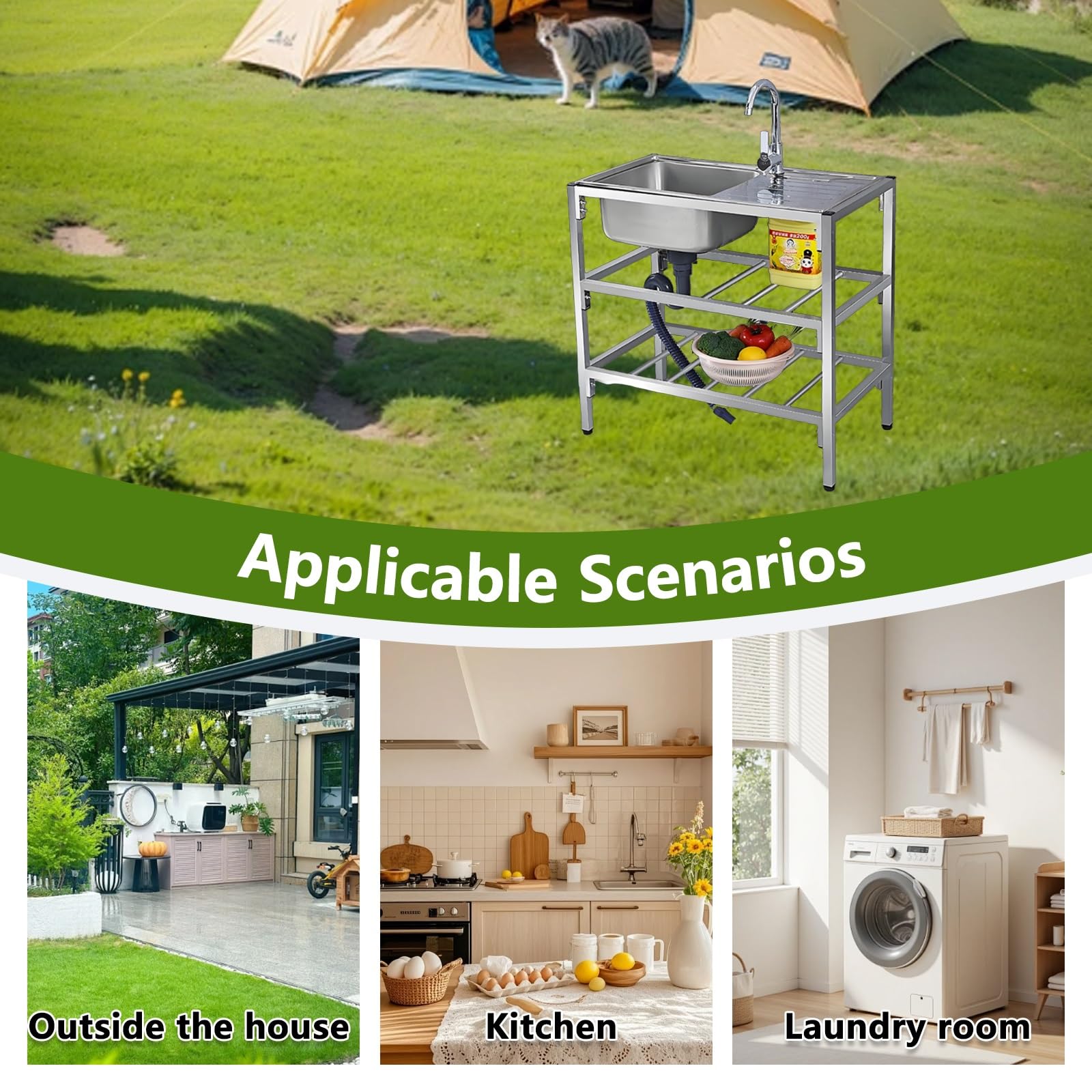 Lavello Professionale Inox a Libera Installazione | Autoportante con Rubinetto 360°, Doppio Vano e Banco da Lavoro per Esterno, Ristorante, Garage