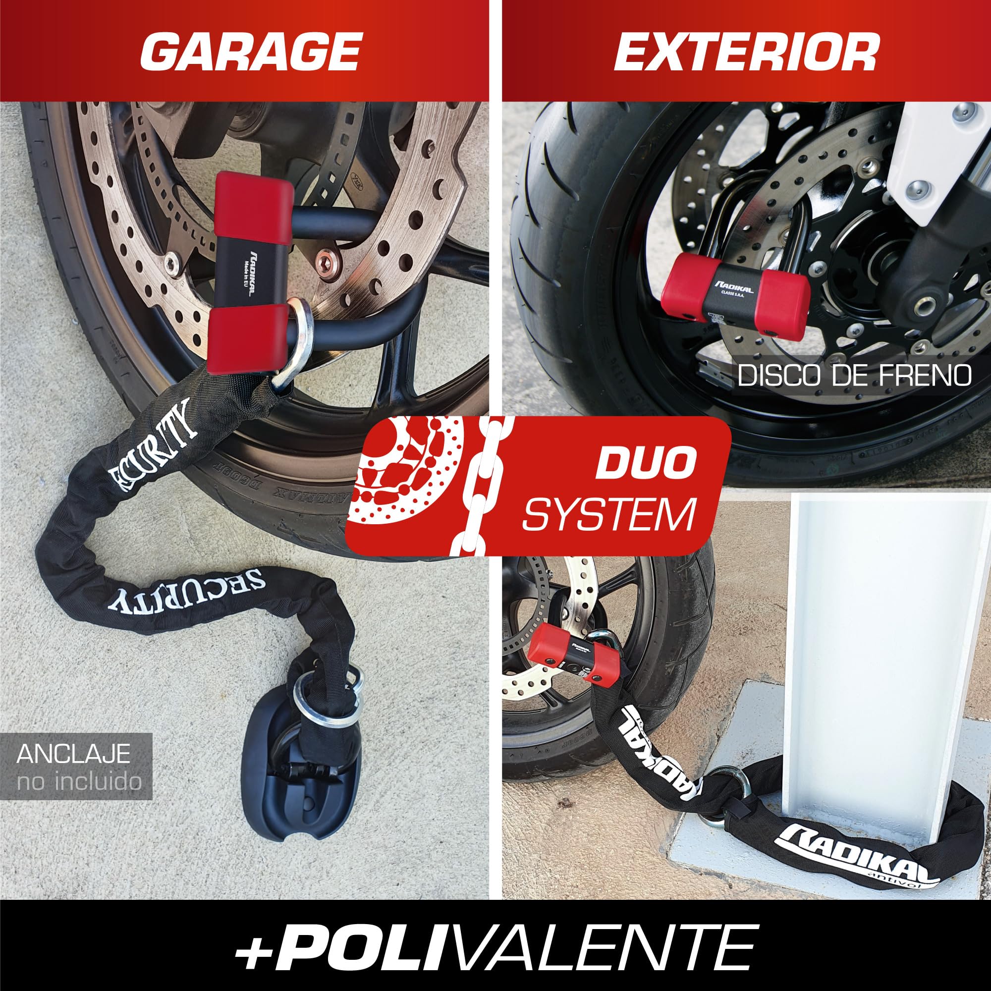 RADIKAL RK75+10.120L Candado Cadena Sistema Lazo ø10 + Candado Moto Disco Mini U Alta Seguridad Homologado Classe SRA, 120cm Mayor Distancia, Antirrobo Multifunción para Anclaje, Motocicleta, Parking