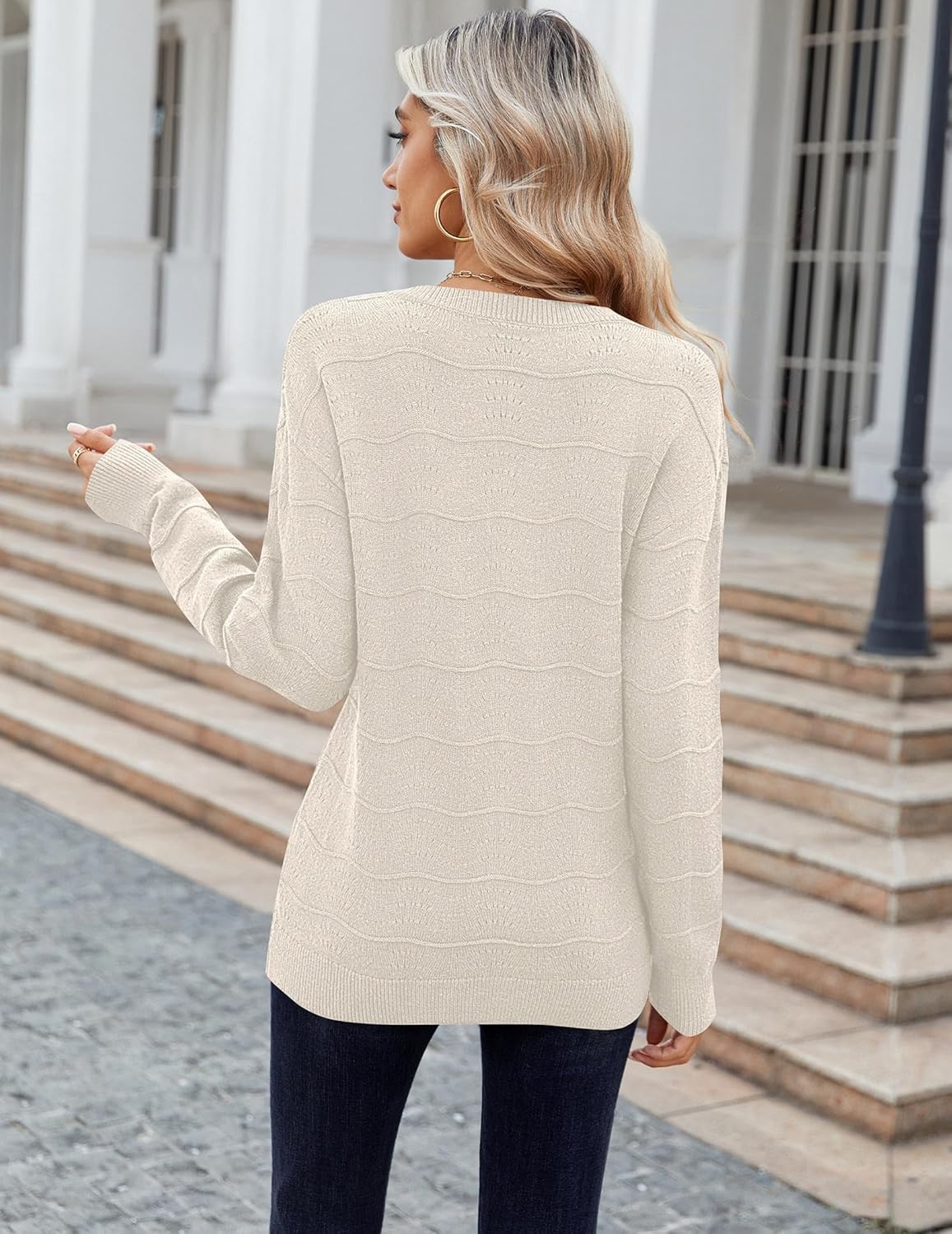 Zeagoo Womens Sweaters Fall Casual Long Sleeve V Neck Shirts Lightweight Crochet Ribbed Knit Pullover Tops Outfits - Image 5