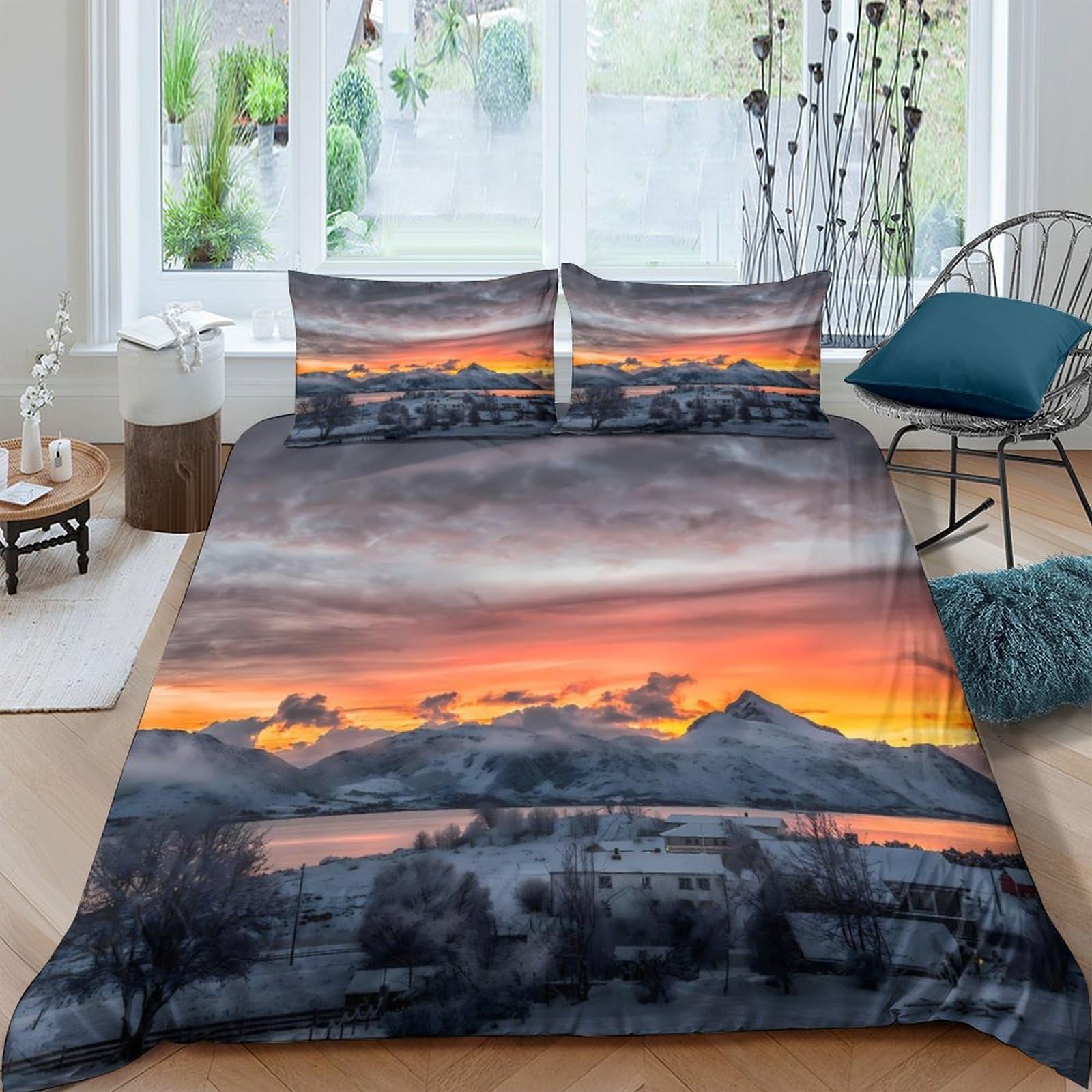 GPLZQXKJNH 3D Printed Sunset Mountain View Duvet Cover Microfiber Soft Breathable Landscape Bedding Set with 2 Pillowcases for Bedroom Apartment Single（135x200cm）