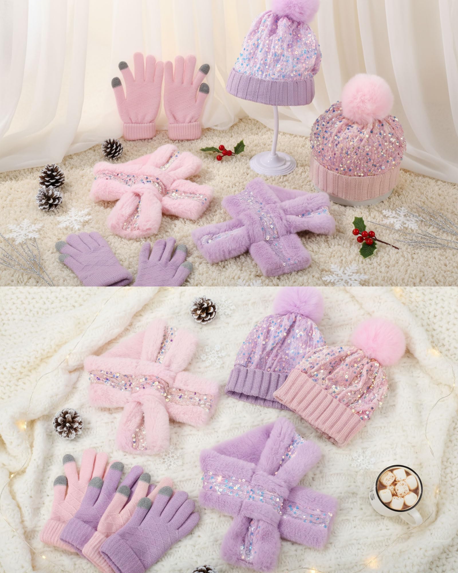Liitrsh 2 Sets/6 Stück Mädchen Winter Strickmütze Schal Handschuhe Set Warm Fleece gefüttert Pom Pom Hut Schal Handschuhe für Teenager