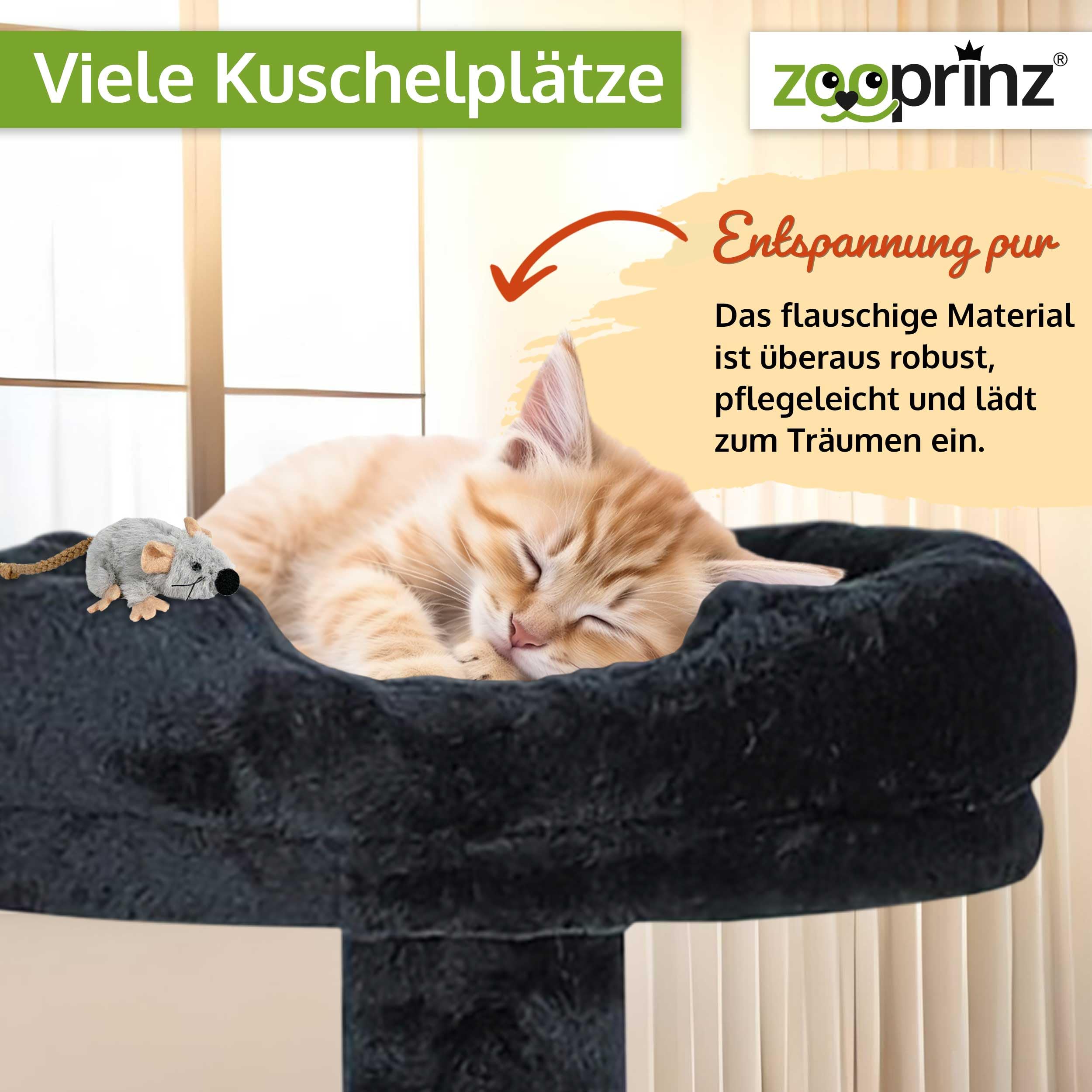 zooprinz Kratzbaum 121 cm schwarz mit Höhle und Liegefläche | Katzenkratzbaum mit Bett, Sisal-Kletterrampe und Kratzsäule, Katzenturm für Indoor-Katzen