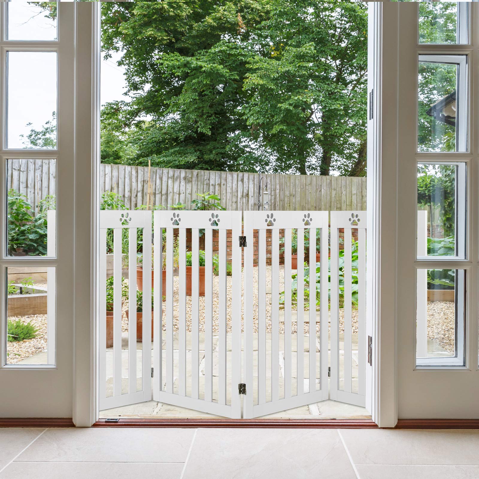 COSTWAY Cerca de Madera para Mascotas, Cerca Plegable para Perros con Bisagras Flexibles a 360° y 4 Paneles, Valla Interna 89,5 cm para Mascotas para Casa Escalera (Blanco, 4 Paneles)