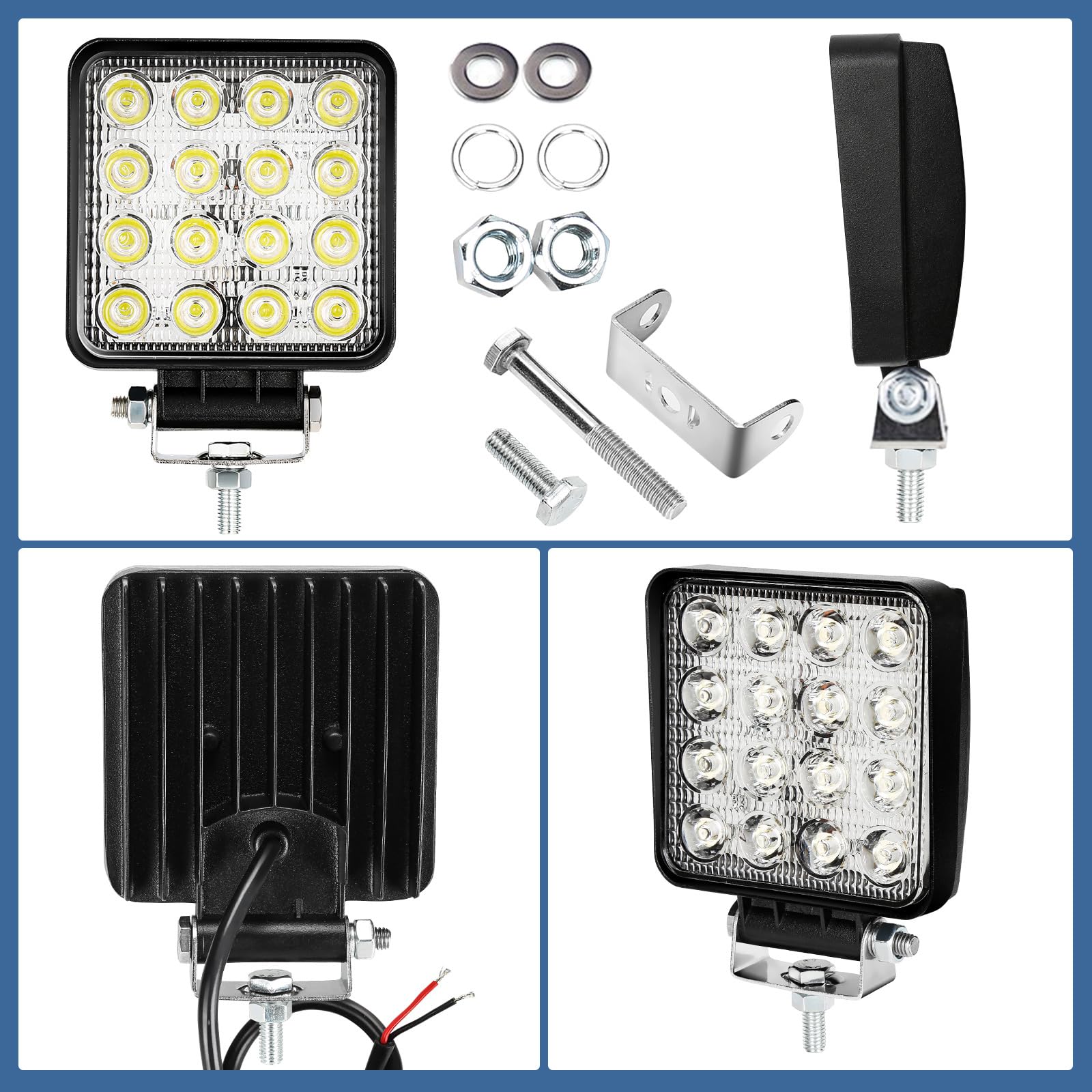Lot de 4 projecteurs de travail LED 48 W 12 V 4320 lm Phare LED 6500 K Feu de recul IP67 étanche pour tracteur tout-terrain SUV
