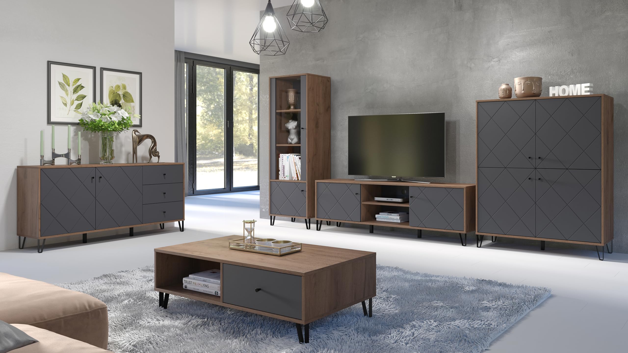 trendteam smart living - Montez - Sideboard - Grau/Eiche - Highboard mit 4 Türen und 4 Einlegeböden - (BxHxT) 123 x 136 x 40 cm - Front mit Rautenoptik, Soft-Close