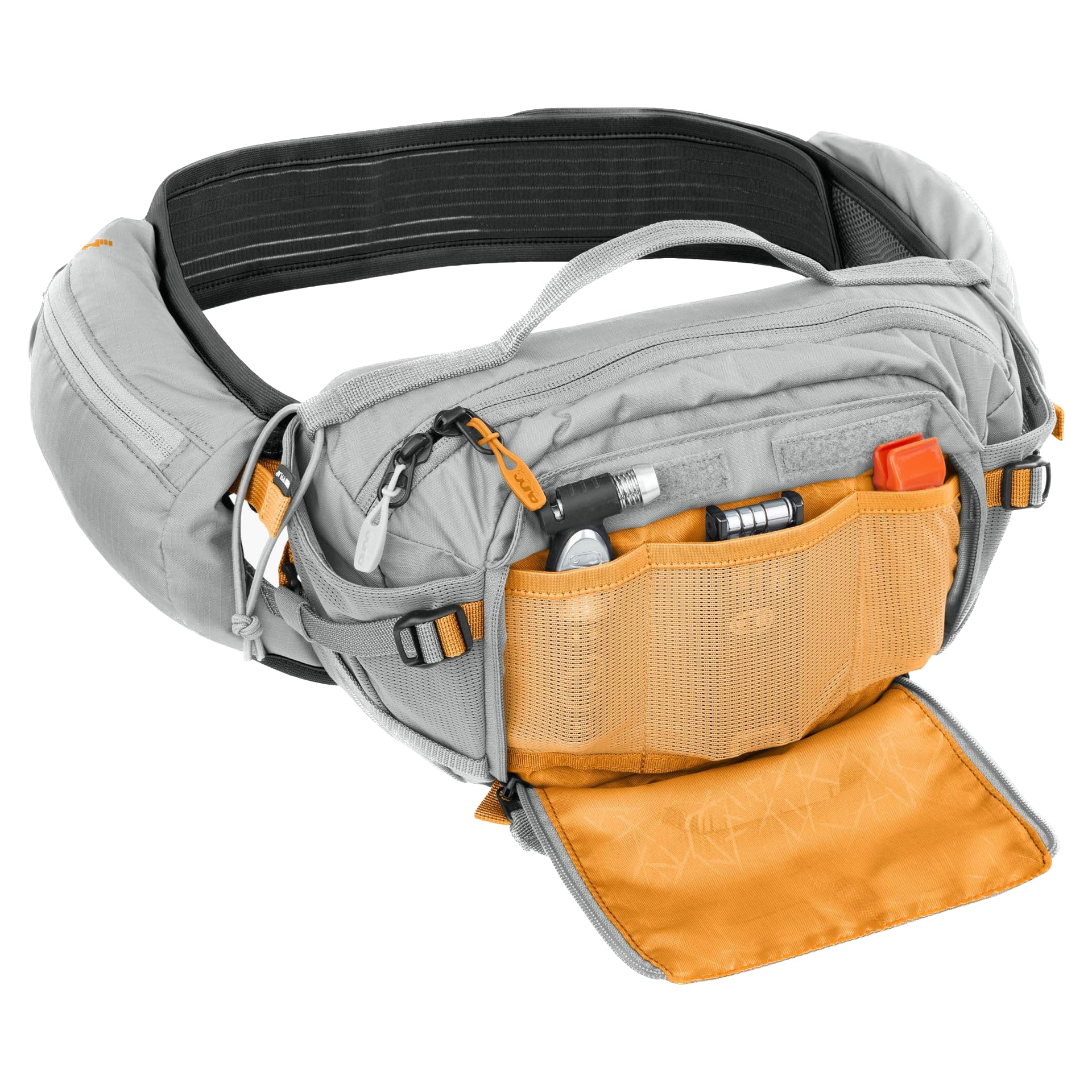 Torba biodrowa EVOC HIP PACK PRO E-RIDE 3 na wycieczki rowerowe i szlaki (pojemność 3 l, AIRFLOW CONTACT SYSTEM, pas biodrowy AIRO FLEX, system VENTI FLAP, uchwyt na butelkę), kolor: kamienny szary