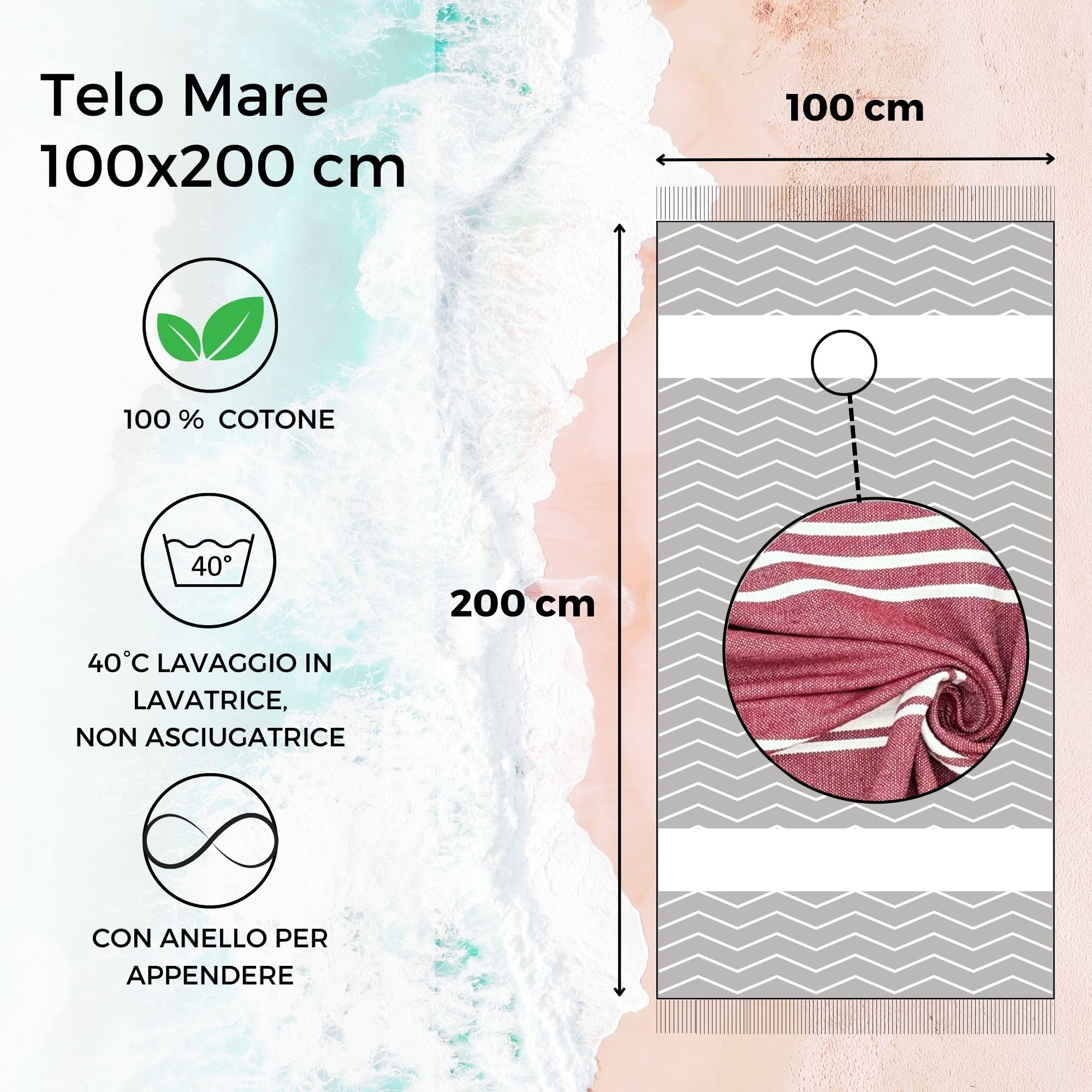 furora HOLIDAY Telo Mare Cotone - Grande 200x100 cm - Ultra Leggero - Asciugatura Rapida | Asciugamano Mare Donna e Uomo: Facile da Pulir - multifunzionale per Spiaggia, Piscina, Viaggio, Outdoor