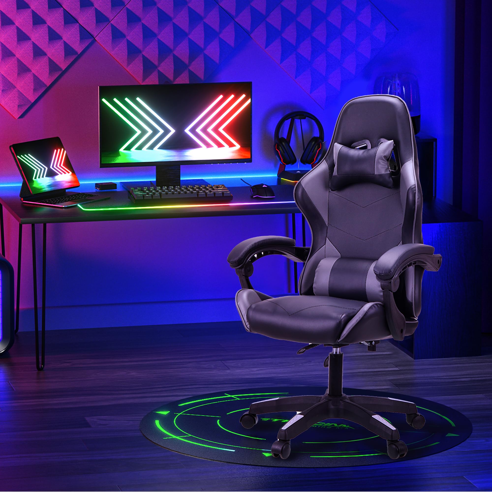 T-THREE. Silla ergonómica de respaldo alto para juegos, computadora, oficina y estudio, giratoria con soporte lumbar ajustable y reposacabezas, capacidad de 150 kg, ideal para