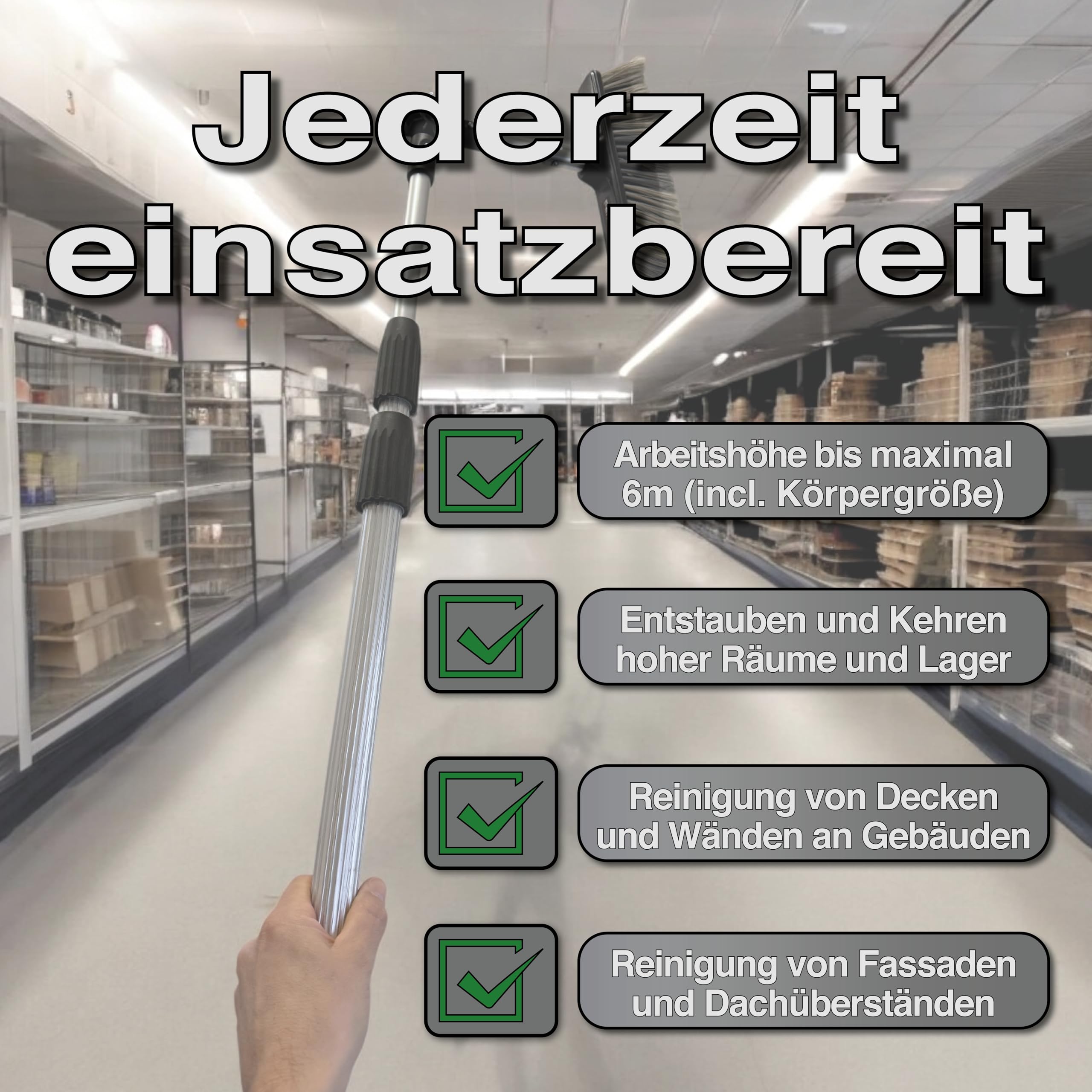 FenWi 4m Teleskopbesen Komplett Set mit 4 Meter Aluminium Teleskopstange Eckbesen Staubwedel Flächenbürste und Gelenk für vielseitige Anwendungen sowie zur Immobilienpflege und Gebäudereinigung