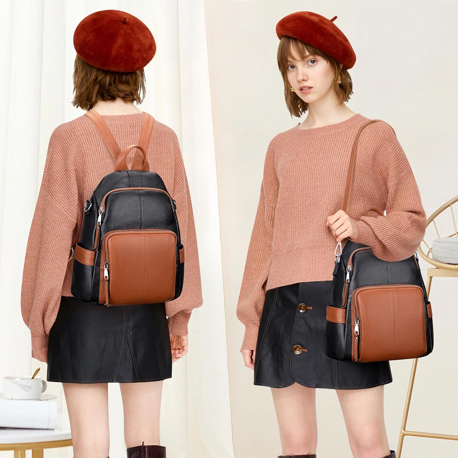 ALTOSY Soft Leather Backpack Purse For Women -theft Backpacks Versatile Shoulder Bag(S81 Black/Brown) - Image 3