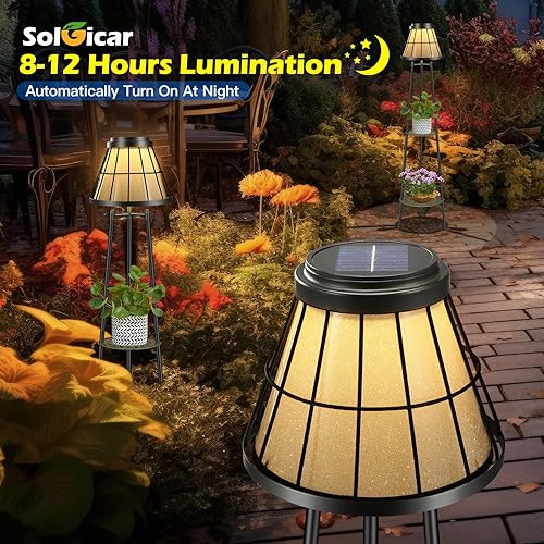 Miniatura 4 de Paquete de 2 lámparas solares de pie de metal de 45.4 pulgadas, luces solares impermeables con 2 soportes para plantas, soporte de plantas para