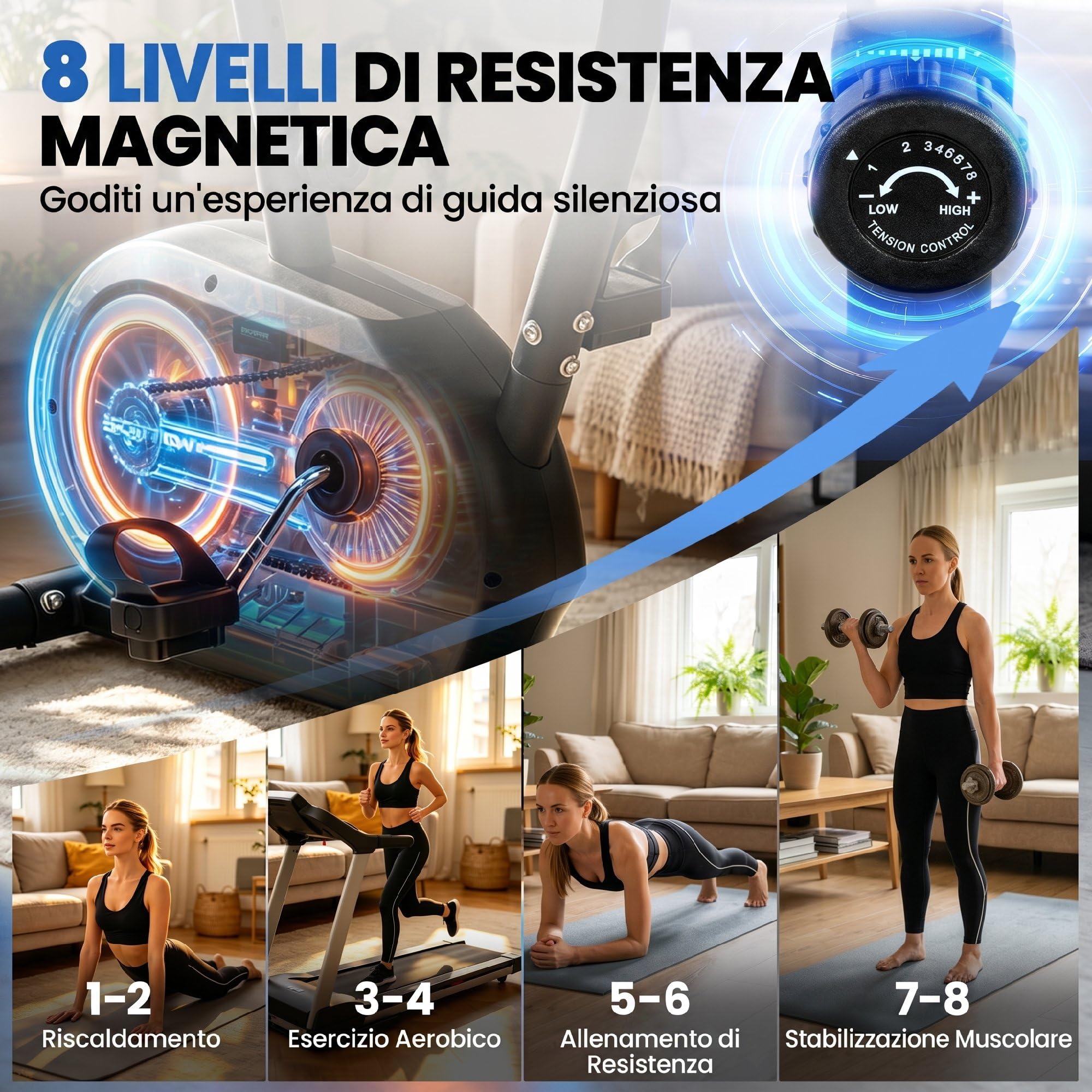 SPORTNOW Cyclette da Casa con 8 Livelli di Resistenza Magnetica, Cyclette da Camera con Bluetooth App, Sedile Regolabile, Schermo LCD, Sensore Cardiaca, Portatelefono, Bici da Casa Allenamento Fitness