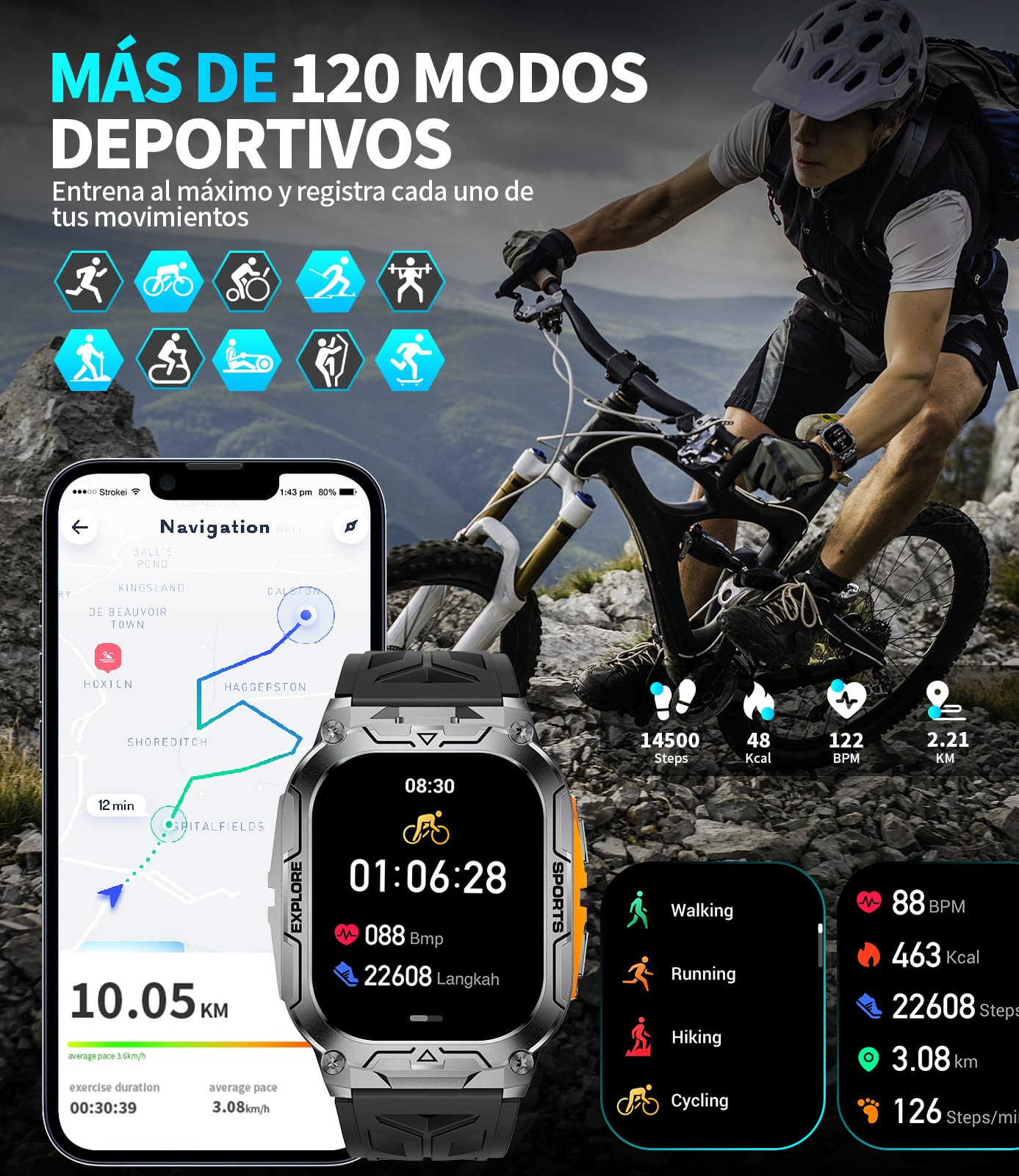 Reloj Inteligente Hombre, Batería 1000 mAh, Linterna LED,Smartwatch para Correr con Pantalla HD 2.01", Podómetro, Monitor de Sueño, IP68 Impermeable, Smartwatch Android iOS (Negro-Naranja)