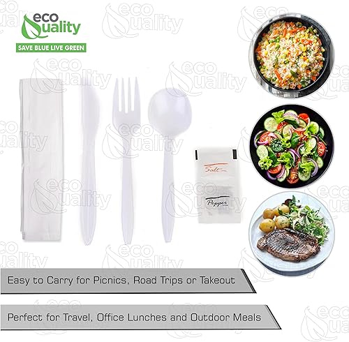 Miniatura 4 de EcoQuality Kit de cubiertos envueltos 6 en 1 – Tenedor/Cuchara/Cuchillo/Servilleta/Sal/Pimienta – Kit de cubiertos desechables, perfecto para el